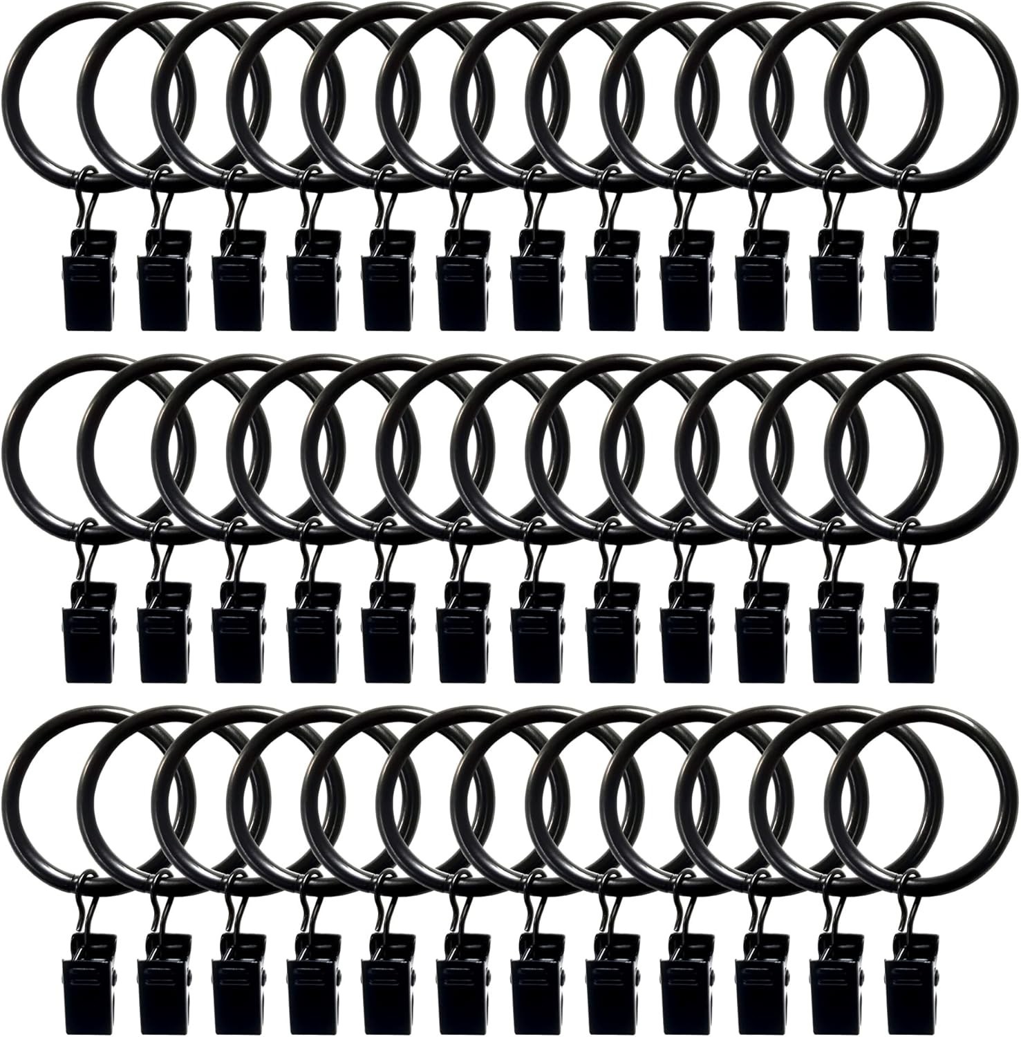 Black 36pcs Metal Curtain Rings with Clips, 1.25 in Interior Diameter, for Si…