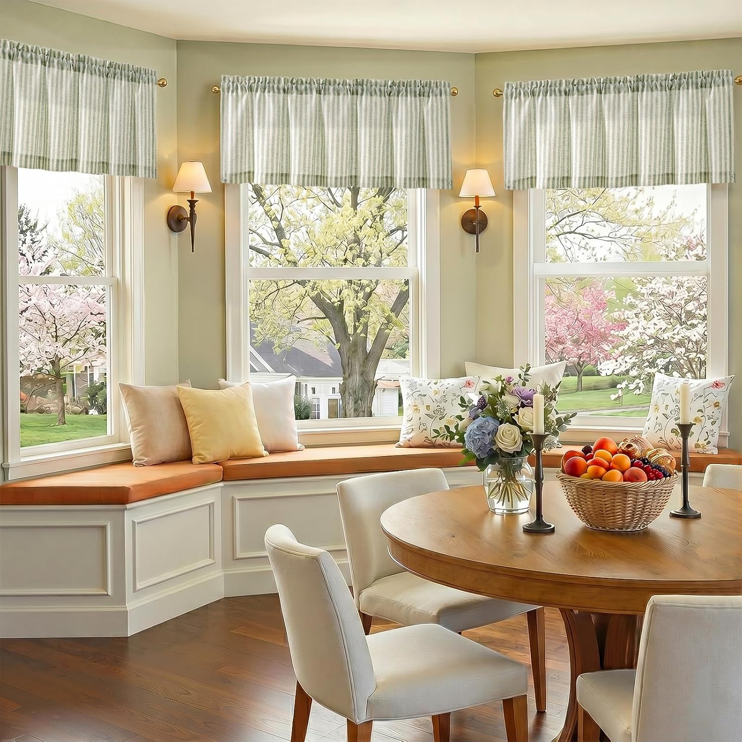 Linen Boxter Stripe Valances for Window 16 Inch,Sage Green,1 Panel | Light Filte