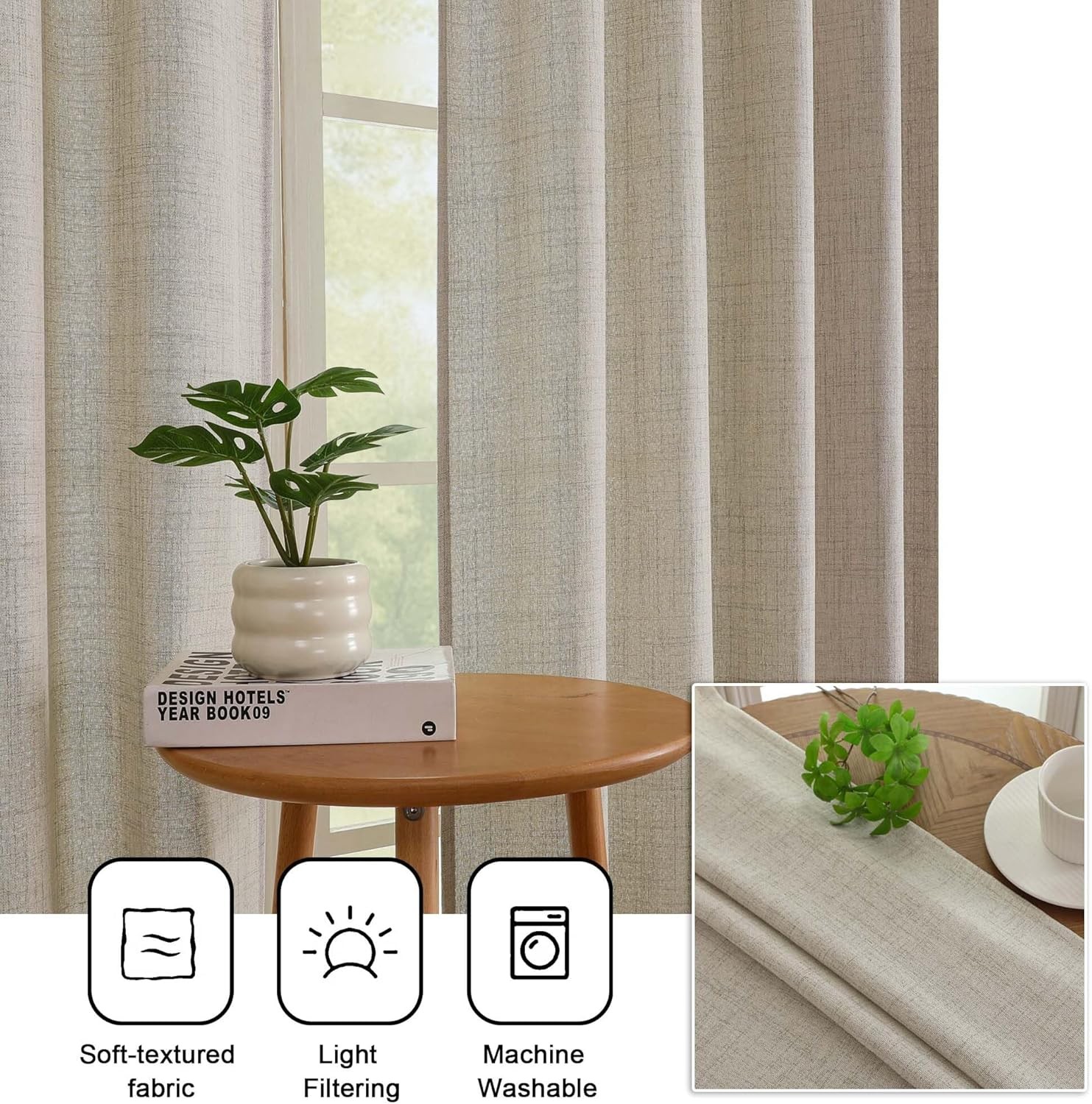 Linen Kitchen Window Curtains Tier 36 Inch Length 2 Panels, Faux Linen Textured