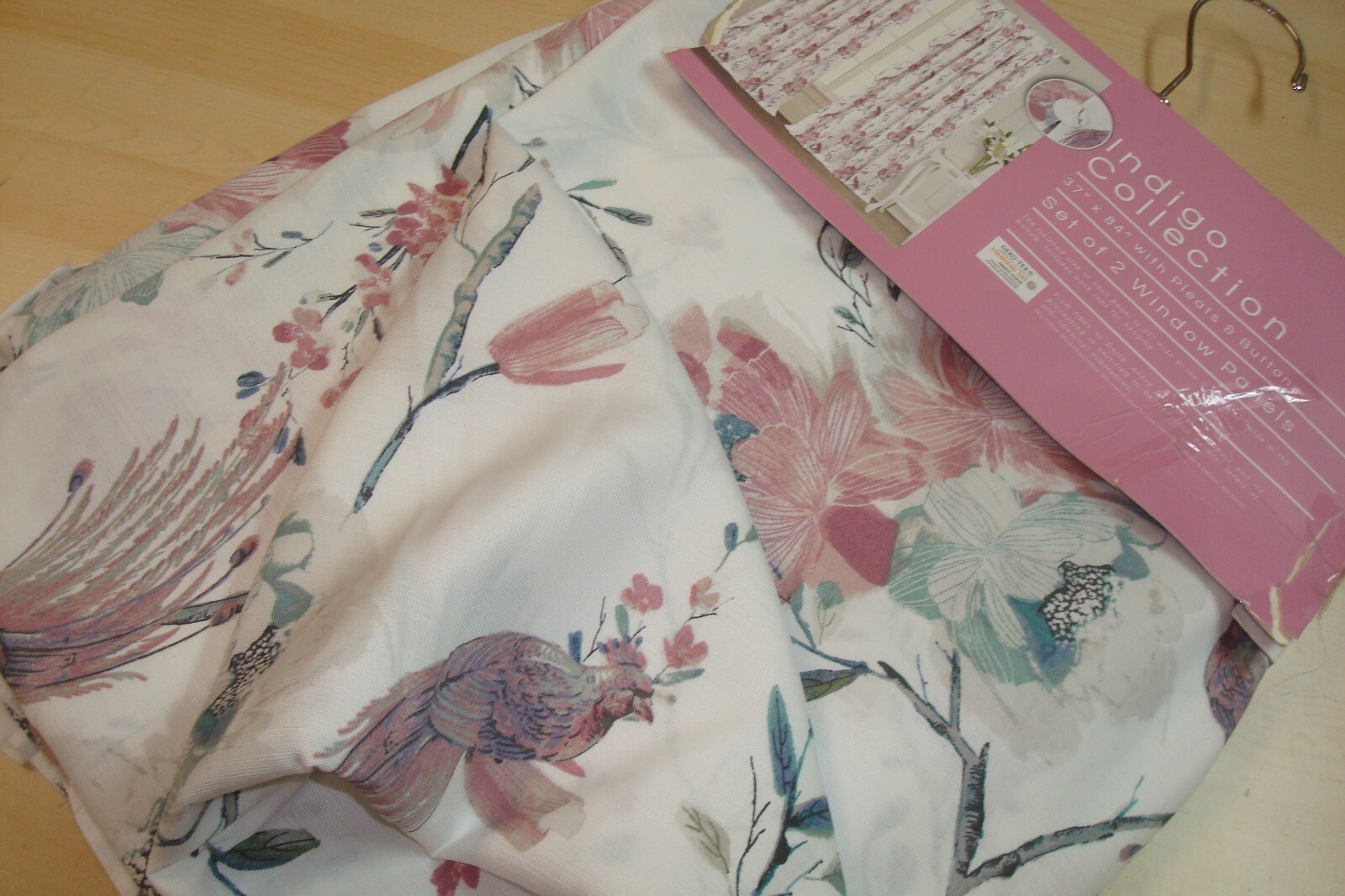 NWT Indigo Window Panels Drapes Peacock BIRDS 2 pc Pleated w/ Buttons 84″ lg