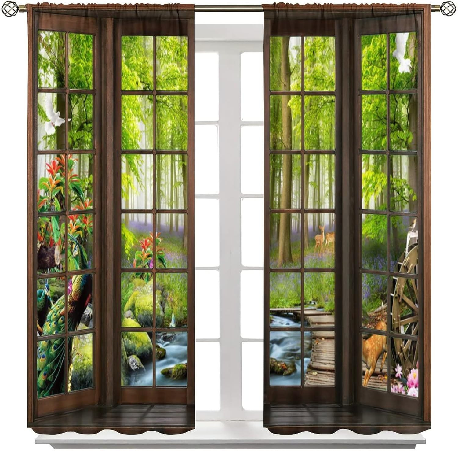 Landscape Curtains, 3D Window Spring Forest Wildlife Nature Scenery, Bedroom Liv