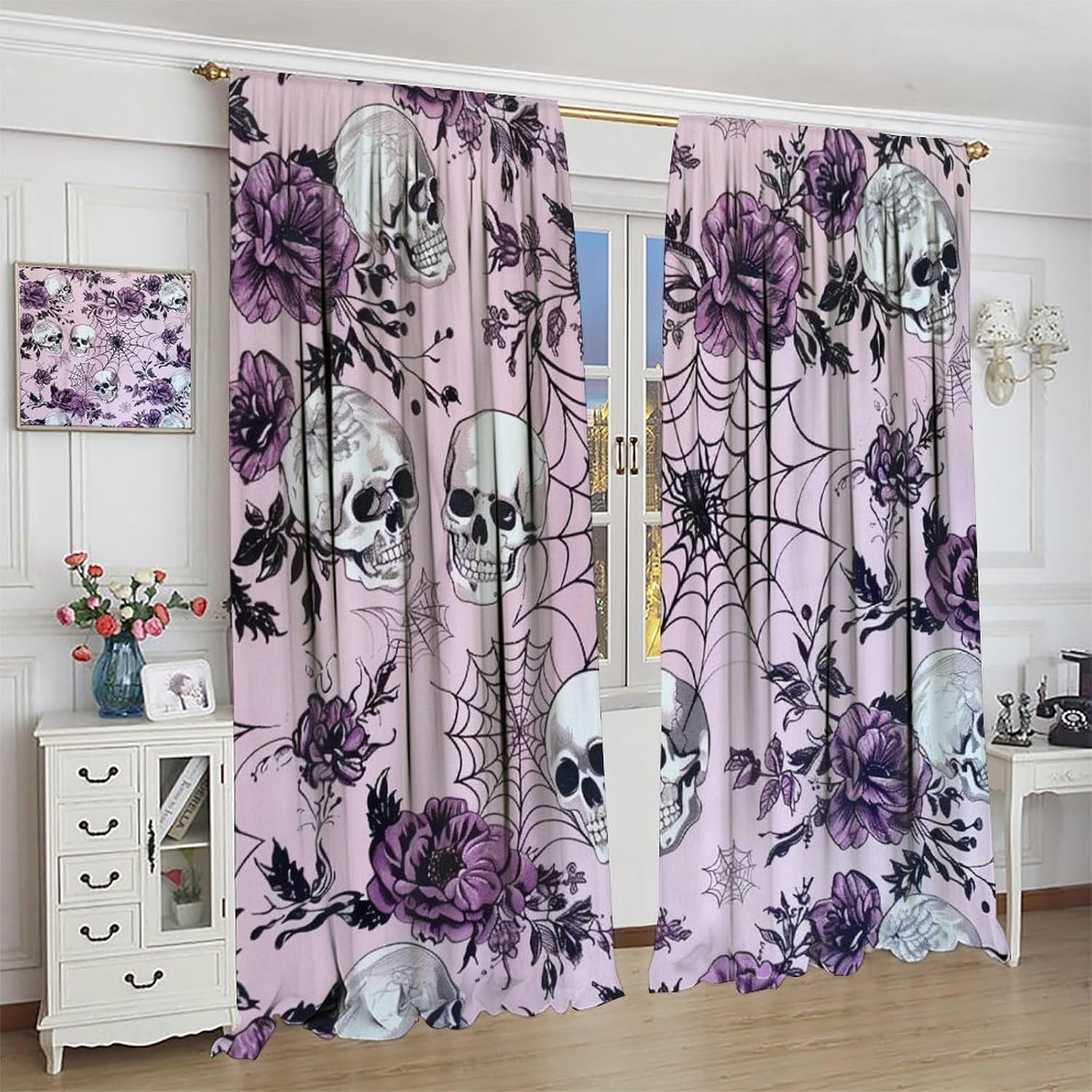 Fantasy Gothic Skull Blackout Curtains for Bedroom/Living Room, Horror Spider We