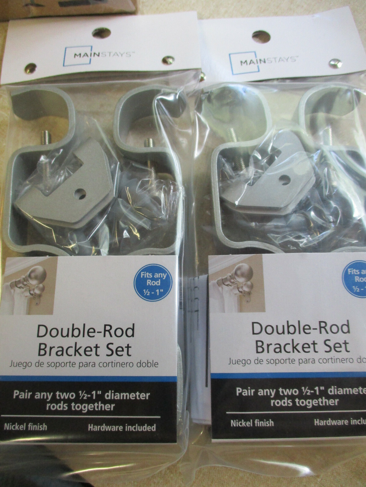 LOT OF 4 PACKS Double Curtain Rod Brackets 1/2″ to 1″ RODS 2 EACH PK NICKEL S4