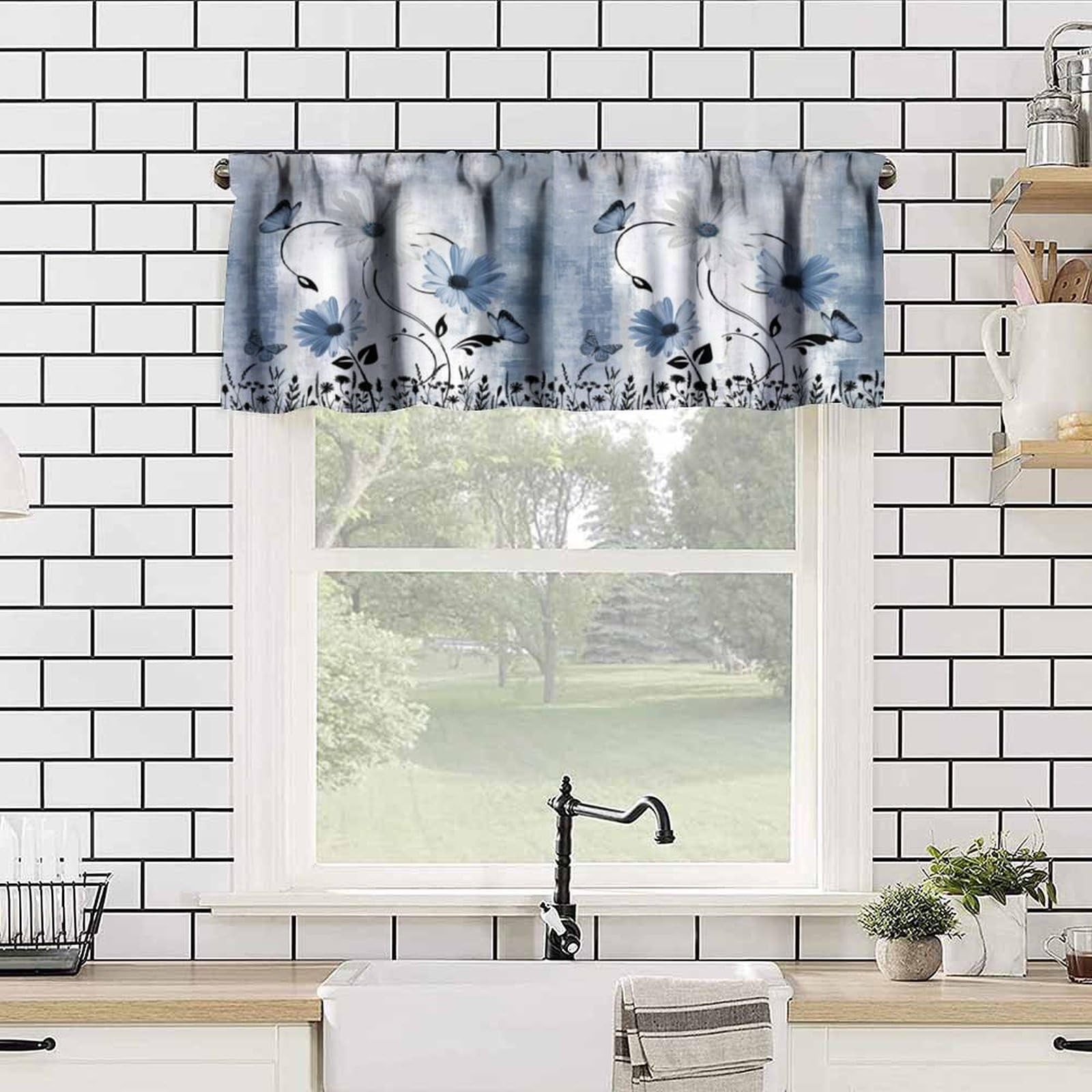 Blue White Daisy Kitchen Valance Curtains Farmhouse Modern Flower Retro Flora…