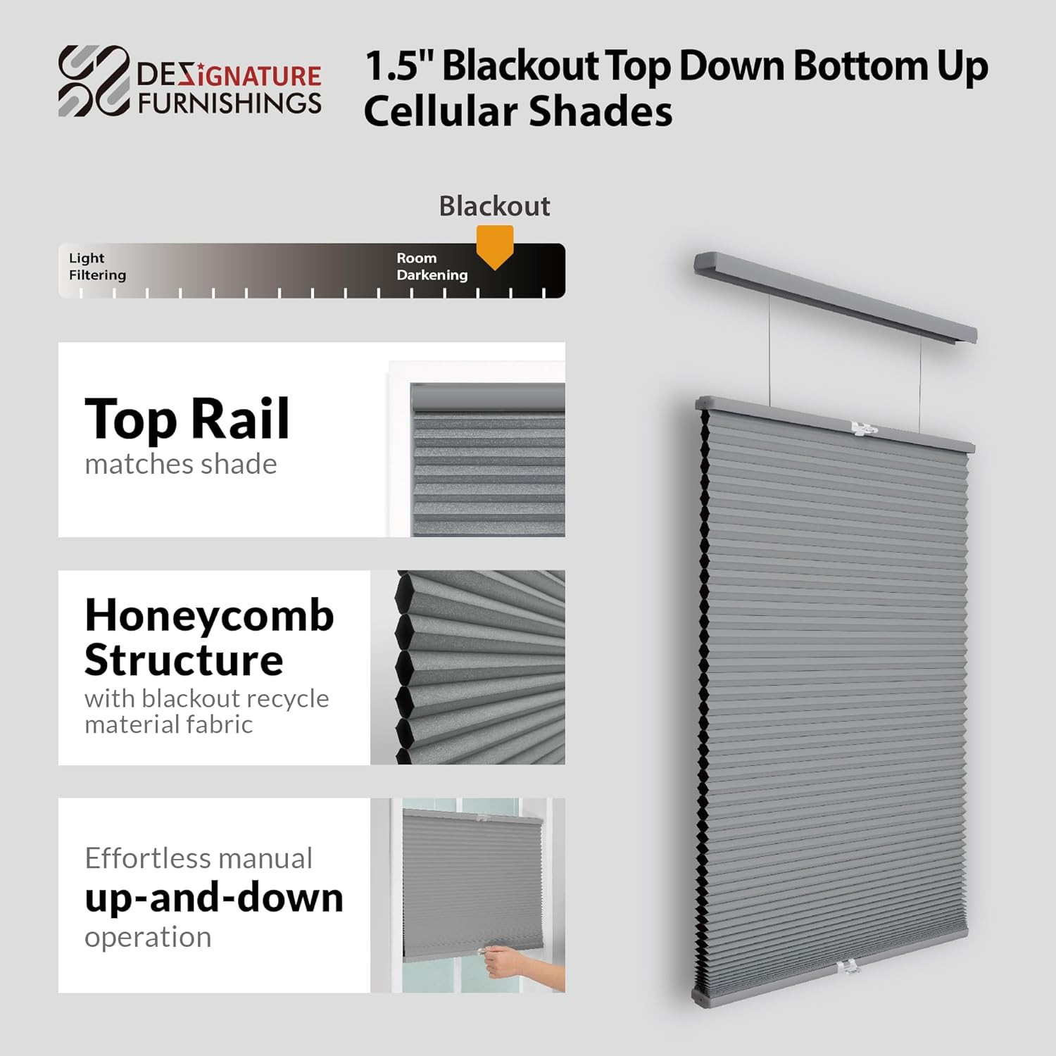 Cordless Blackout Cellular Shade, Top Down Bottom Up, 23″ W x 72″ H, Anchor Gray