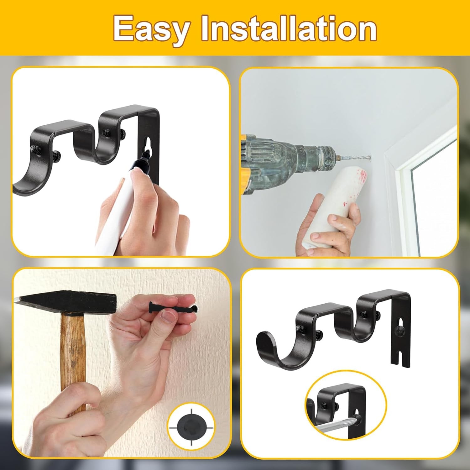 Double Curtain Rod Bracket,2 Pack Metal Curtain Rod Hooks for Wall,Sturdy Curtai