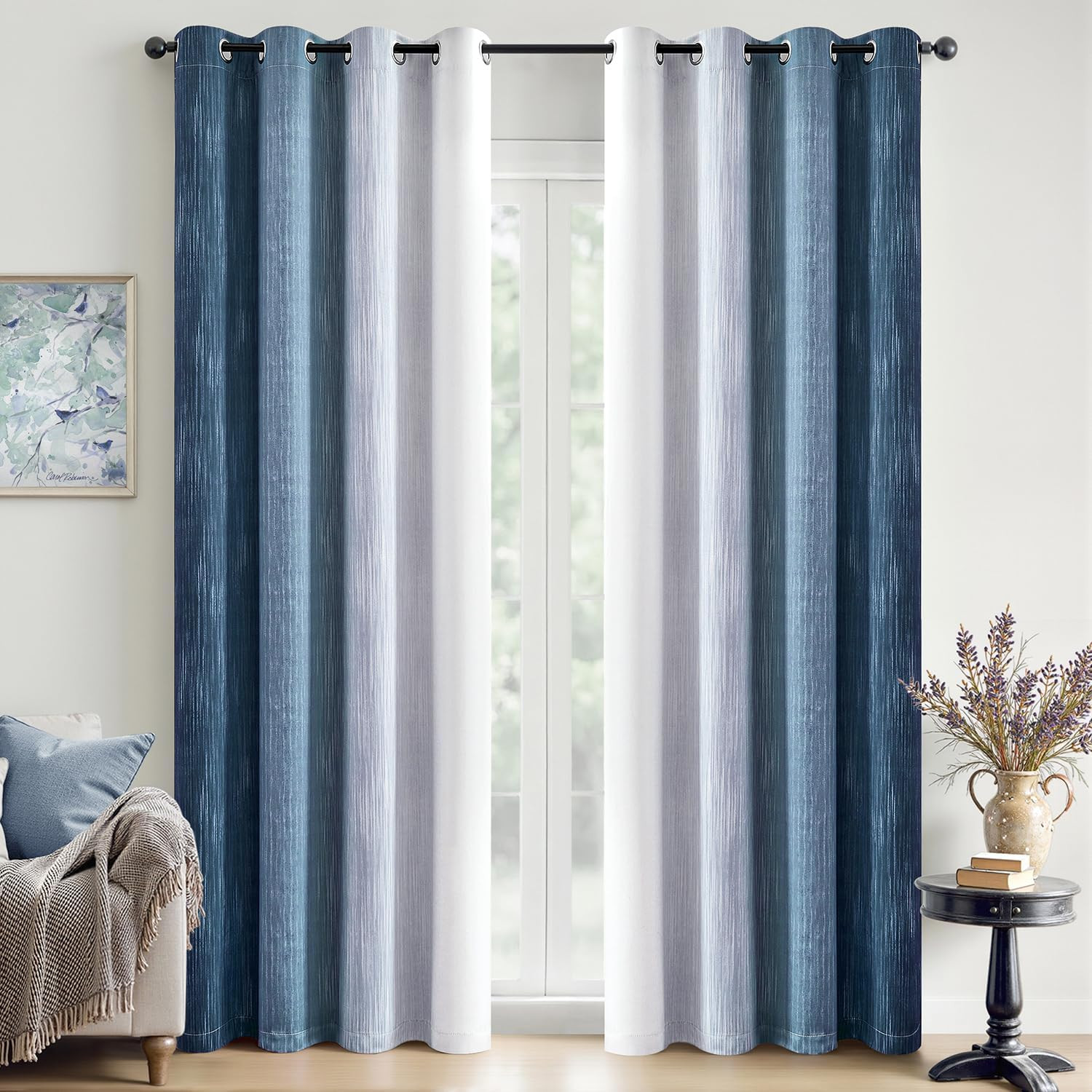 Royal Blue and Greyish White Ombre Blackout Curtains, Full Room Darkening Therma