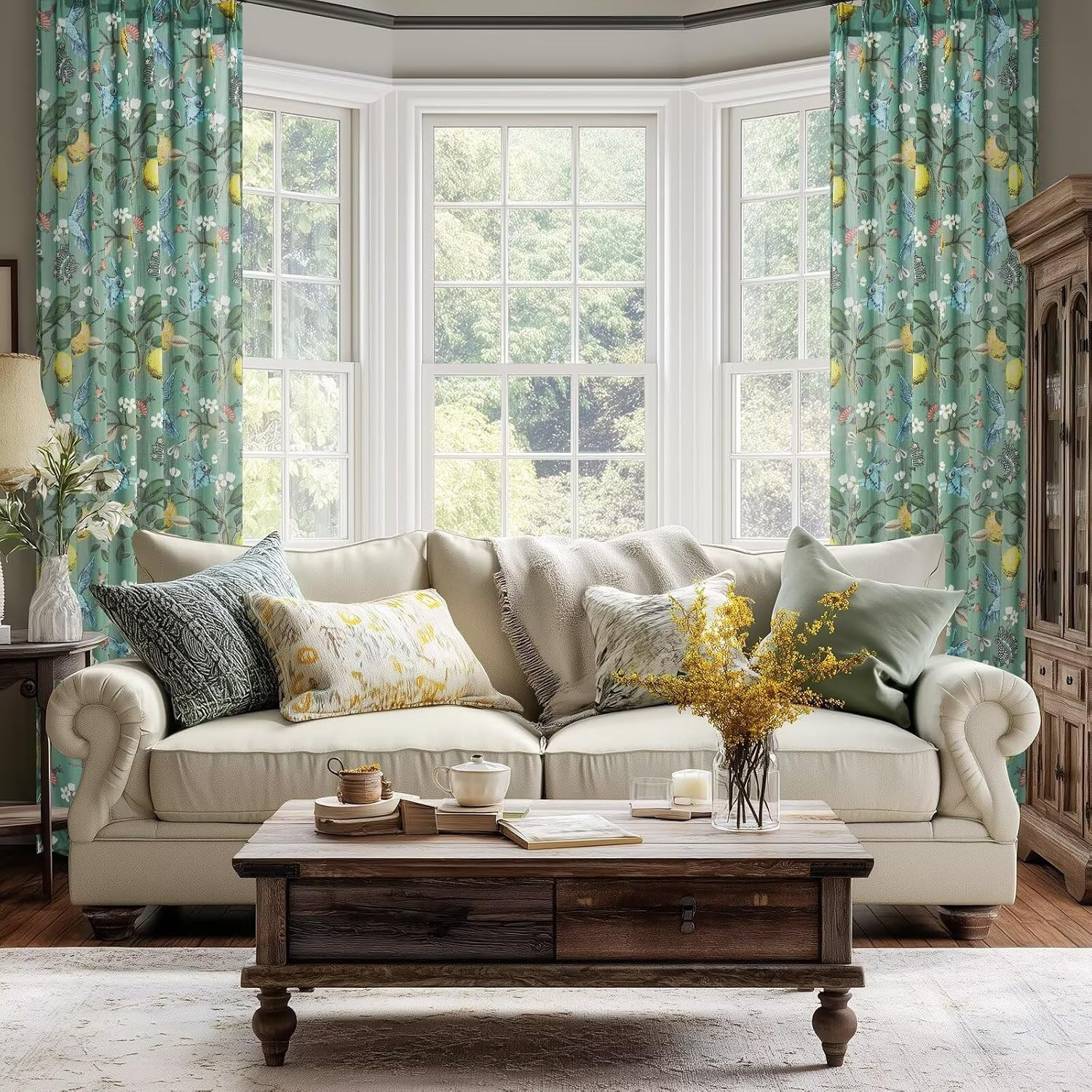 Sage Green Floral Semi Sheer Curtains 84 Inch 2 Panel Linen Look Pinch Pleat