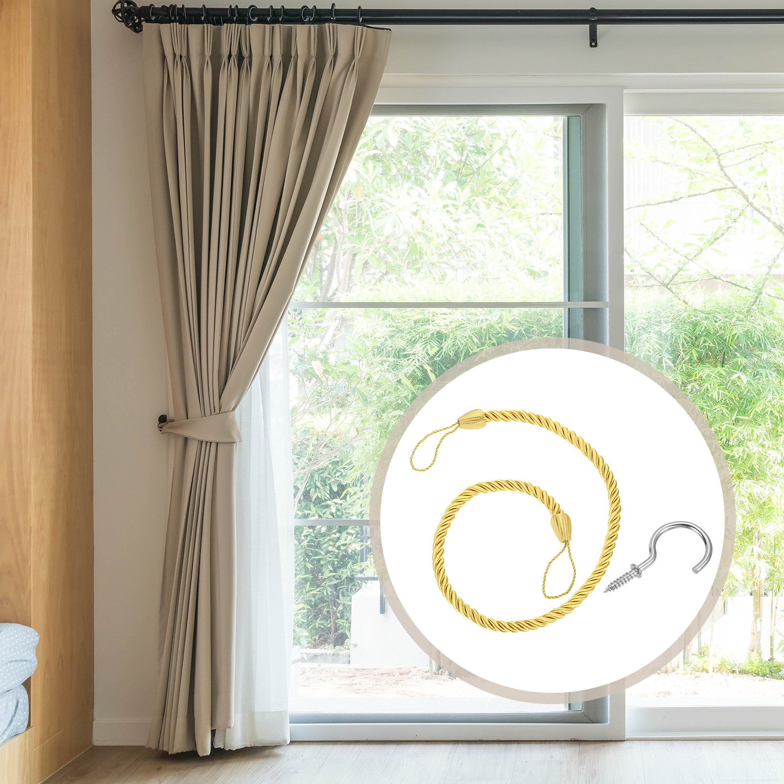4Pack Curtain Tiebacks, 74cm/29″ Braided Drapery Holdback with Hook, Gold