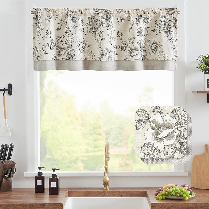 Floral Window Valance Double Layer Peony Pattern Light Filtering Country Decor