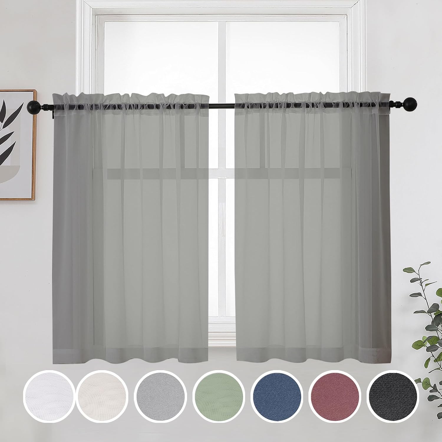 Short Grey Sheer Curtains 36 Inches 2 Panels Set – Light Filtering Kitchen Tiers