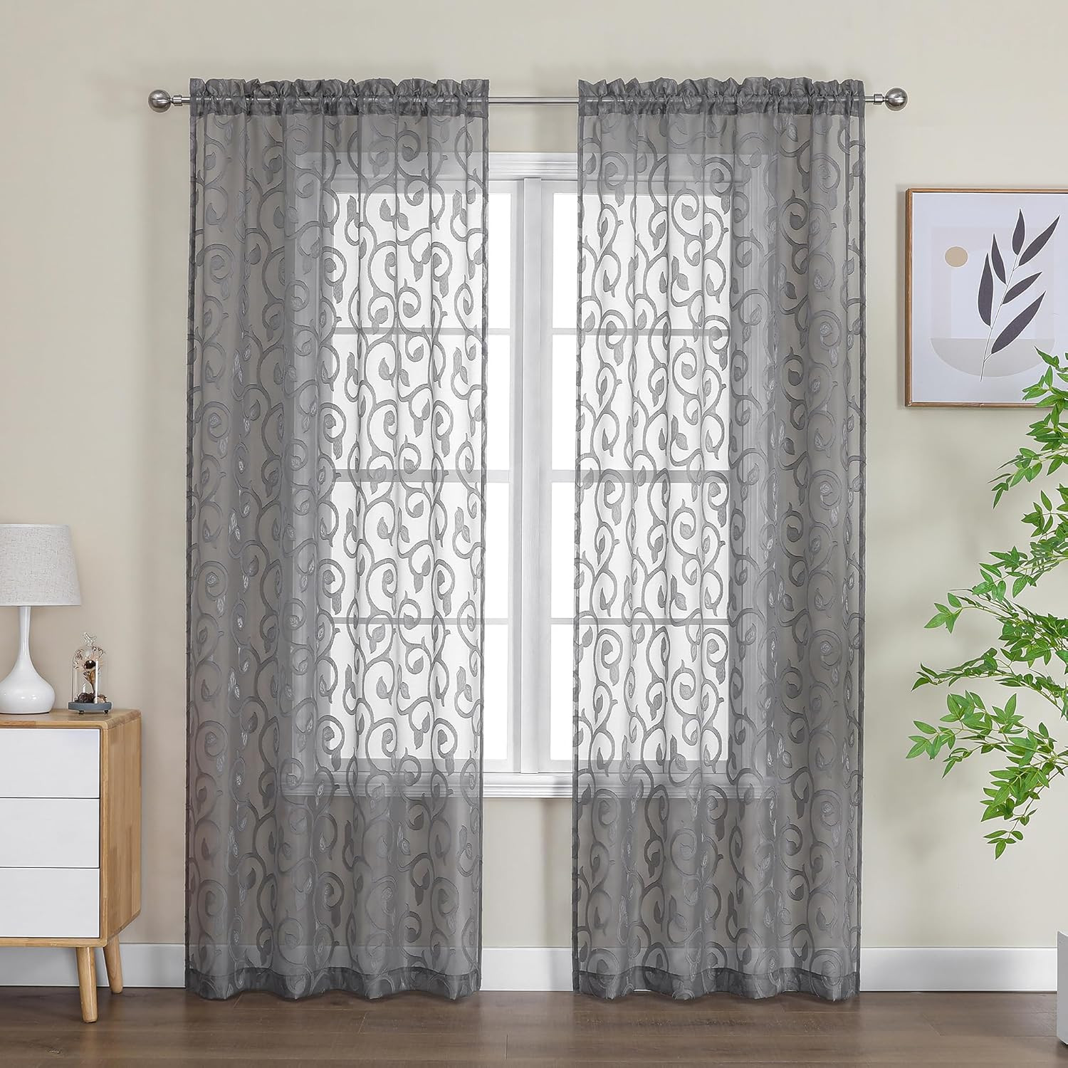 Grey Sheer Curtains 84 Inch Long 2 Panels Light Filtering Voile Window Drapes