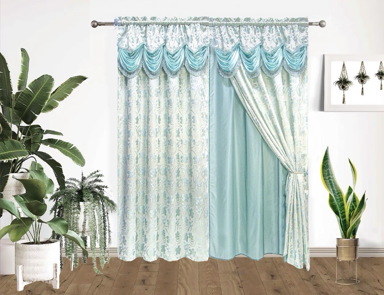 Jacquard Panel Curtains with Attached Valance, Multi-Color, 2 Piece Set
