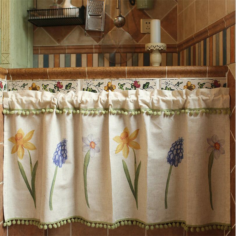 Vintage Floral Print Half Short Curtain Pom Pom Cafe Window Drape Cabinet Door