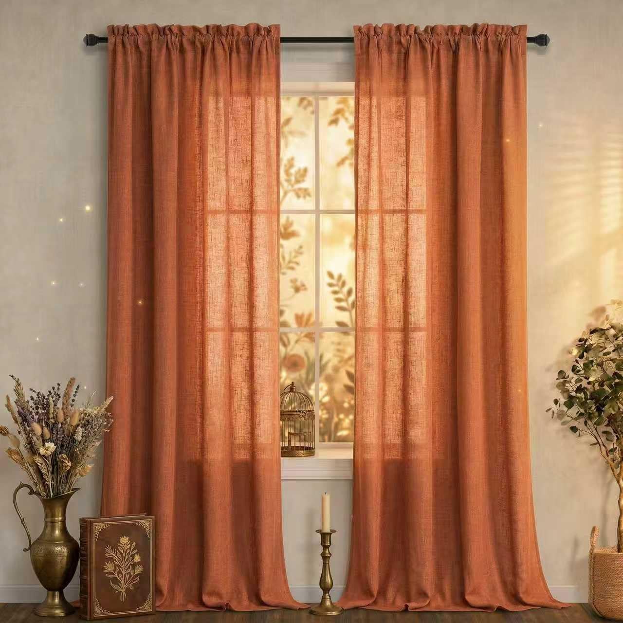 Burnt Orange Linen Sheer Curtains, Whimsical Sunset Glow Light Filtering Drap…