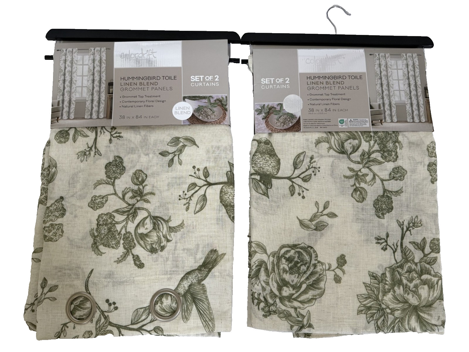 New Colordrift Hummingbird Toile Linen Blend Grommet Drapes 38″ x 84″ Set of 4