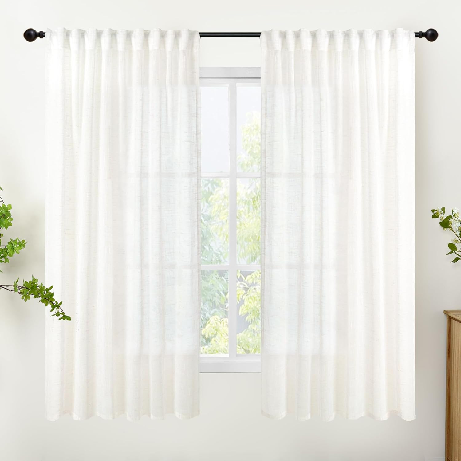 Linen Sheer Curtains 63 Inch Length, Ivory White Light Filtering Drapes with Rod