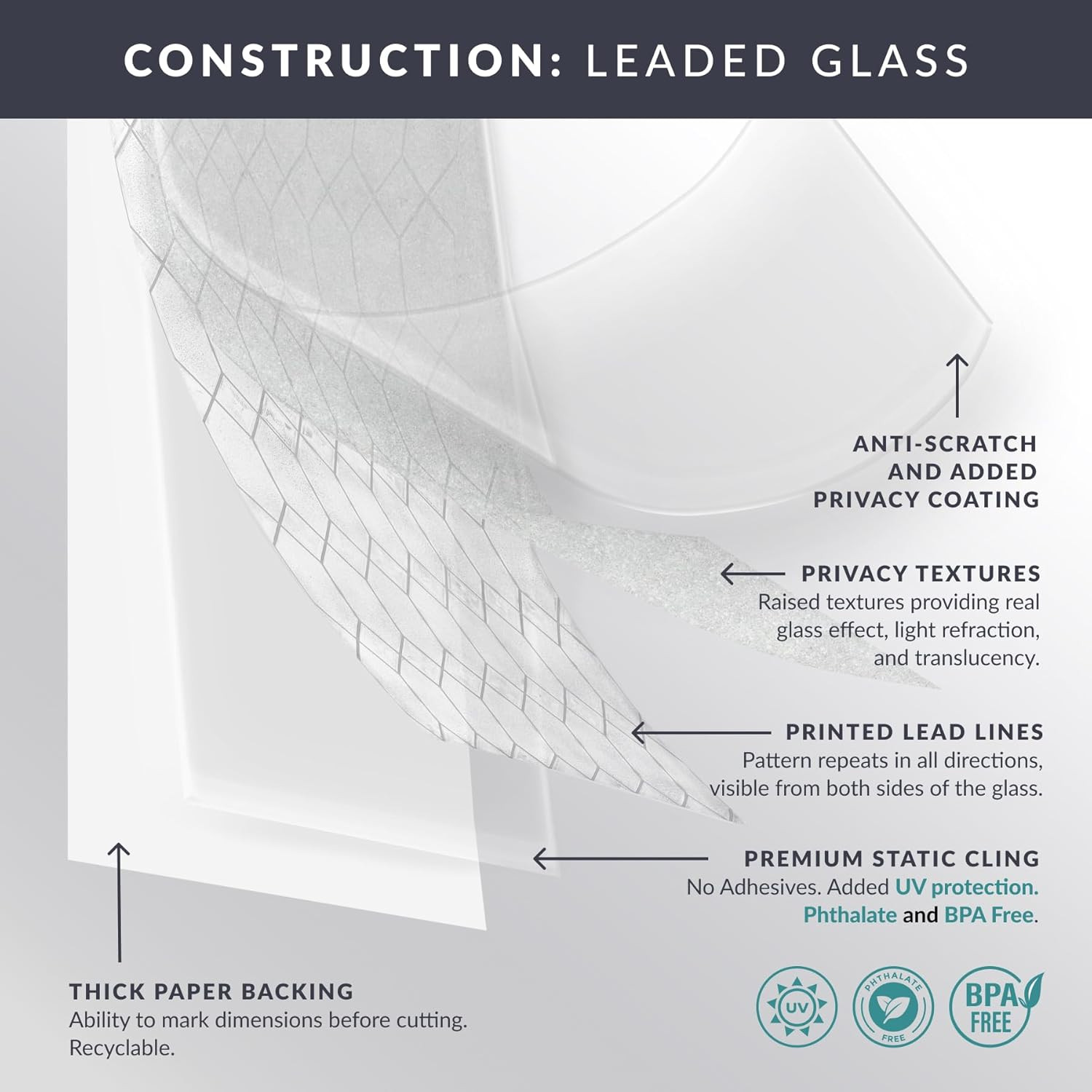 Empire Window Privacy Film by – Textured Leaded Glass Design, Static Cling, Day