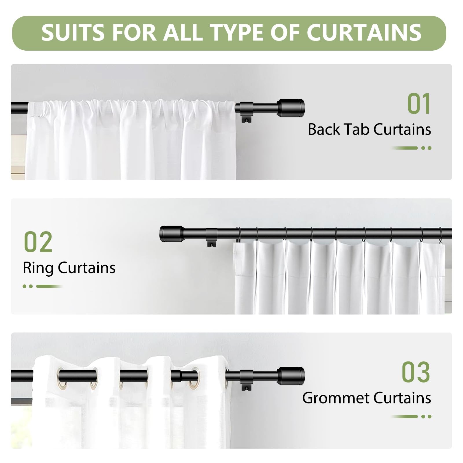 5/8 Dia Curtain Rods 30-90 Inch Adjustable Splicing Black With Brackets 2 Pack