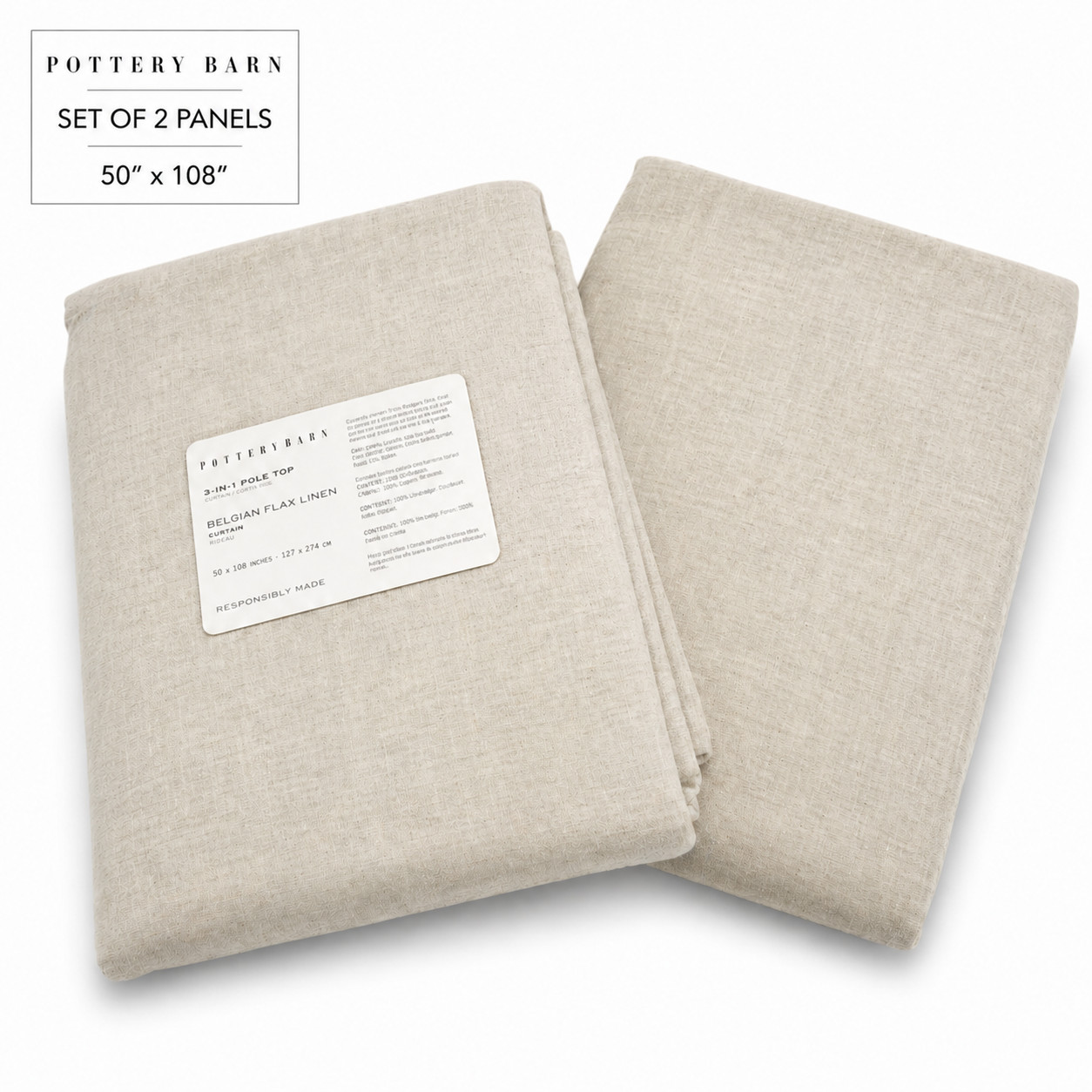 Pottery Barn Belgian Flax Linen Curtains Set 2 Panels 50×108 Flax Cotton Lined