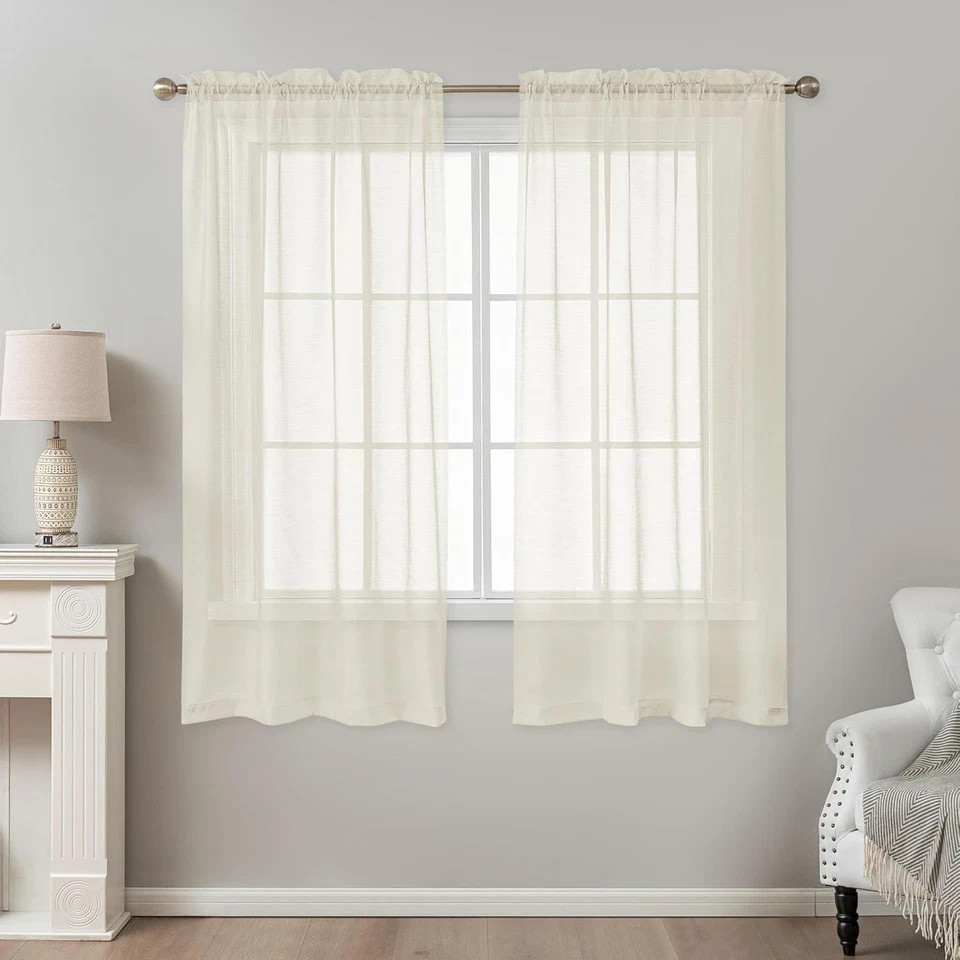 Sheer Curtains 63 Inch Length, Privacy Semi 42″W x 63″L (Pack of 2) Natural