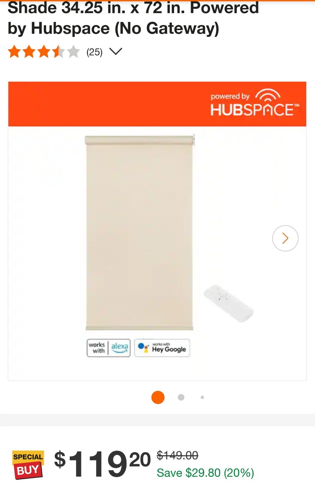 Home Decorators Smart Roller Shade 34.25″ x 72″ Powered by Hubspace Fabric Linen