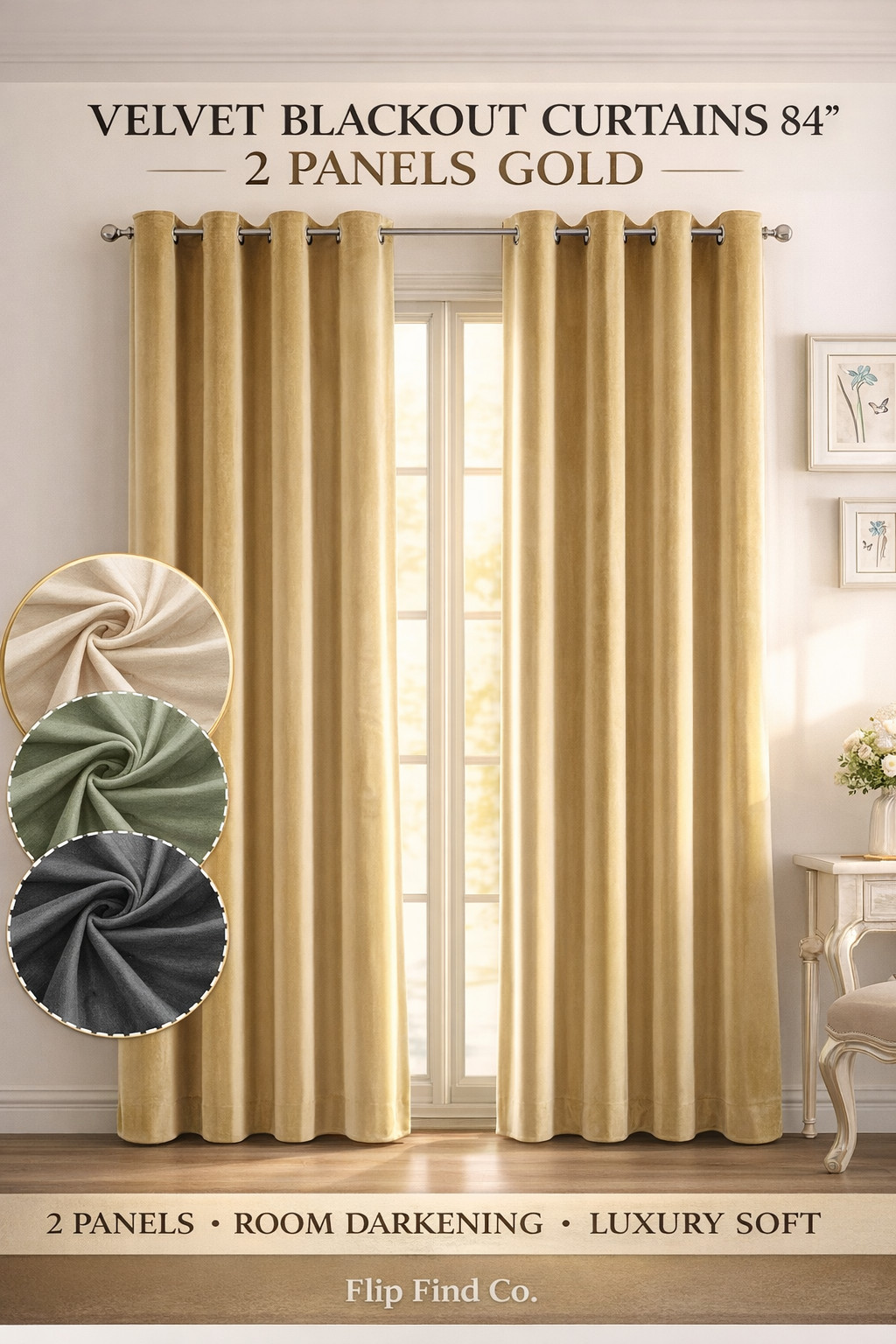 Velvet Blackout Curtains 84” 2 Panels Gold Luxury Room Darkening Grommet Drapes