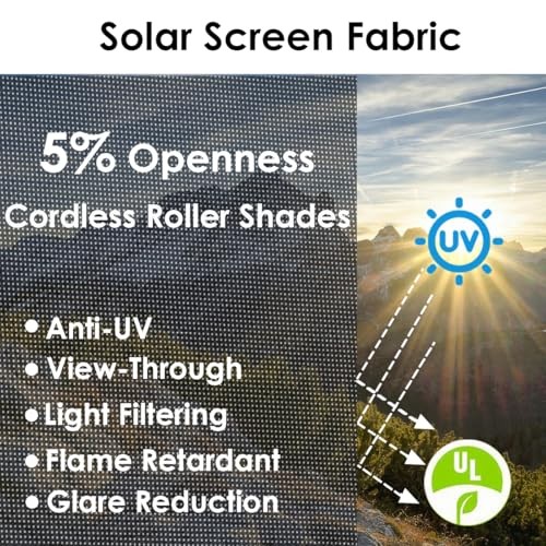 Cordless Roller Shades for Windows,Light Filtering Pull 55″W x 72″H Solar Black