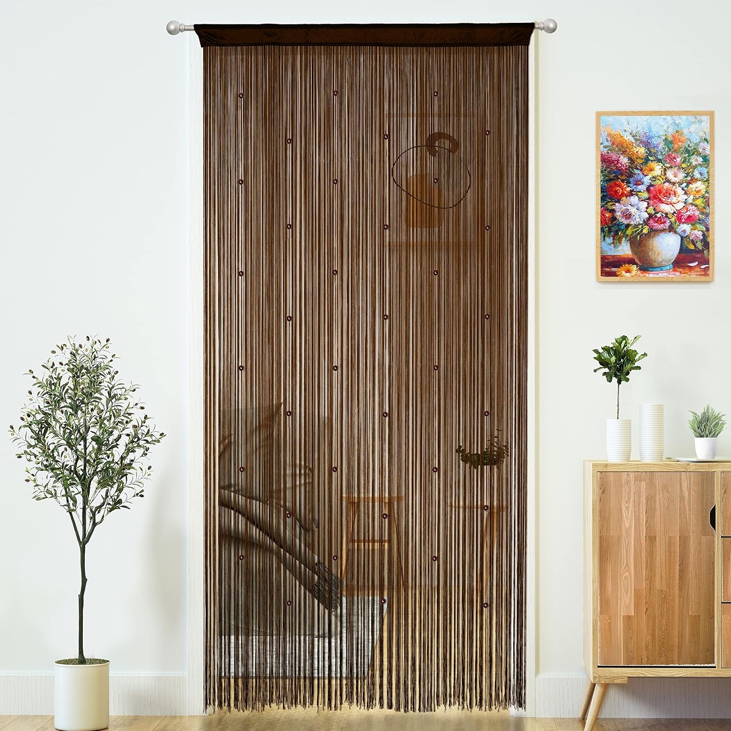 Dark Brown Beaded Door Curtains String Curtain for Doorway Tassel Beads Fringe
