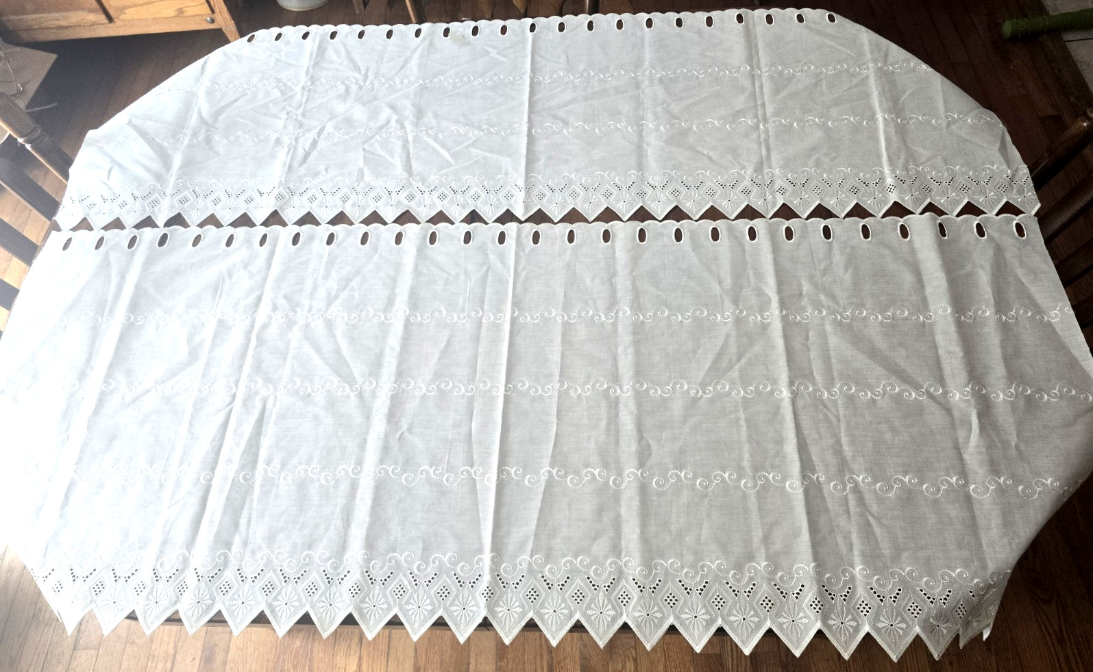 2 white curtain panels Grommet Eyelet Embroidered Edge needs hemmed ROMANCE