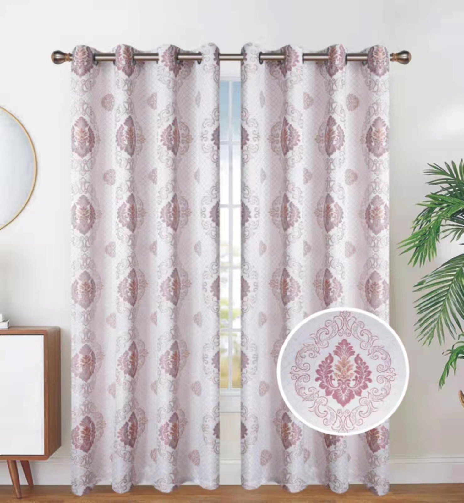 Jacquard Embroidered Damask Room Darkening Grommet Top Window Curtain Panel 067