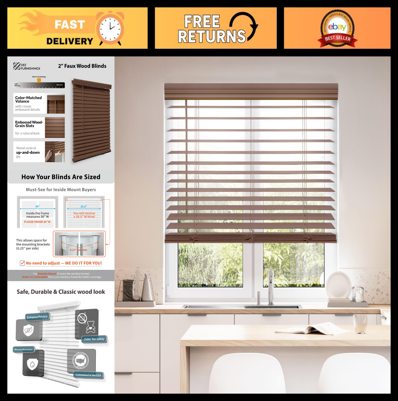 Cordless 2″ Faux Wood Blinds, 35″W x 64″H, Dark Oak, Window Covering, Privacy Sh