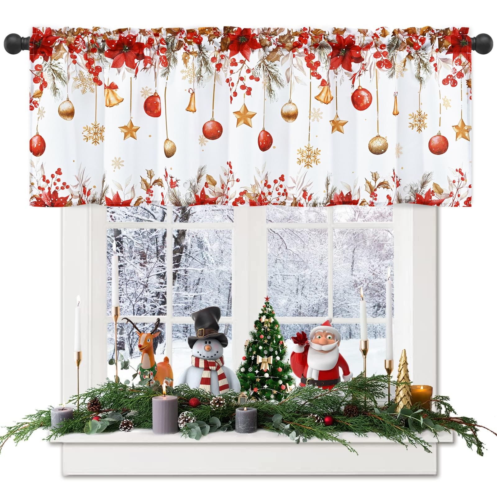 Christmas Valances for Windows, Snowflake Poinsettia Kitchen Valances for Win…