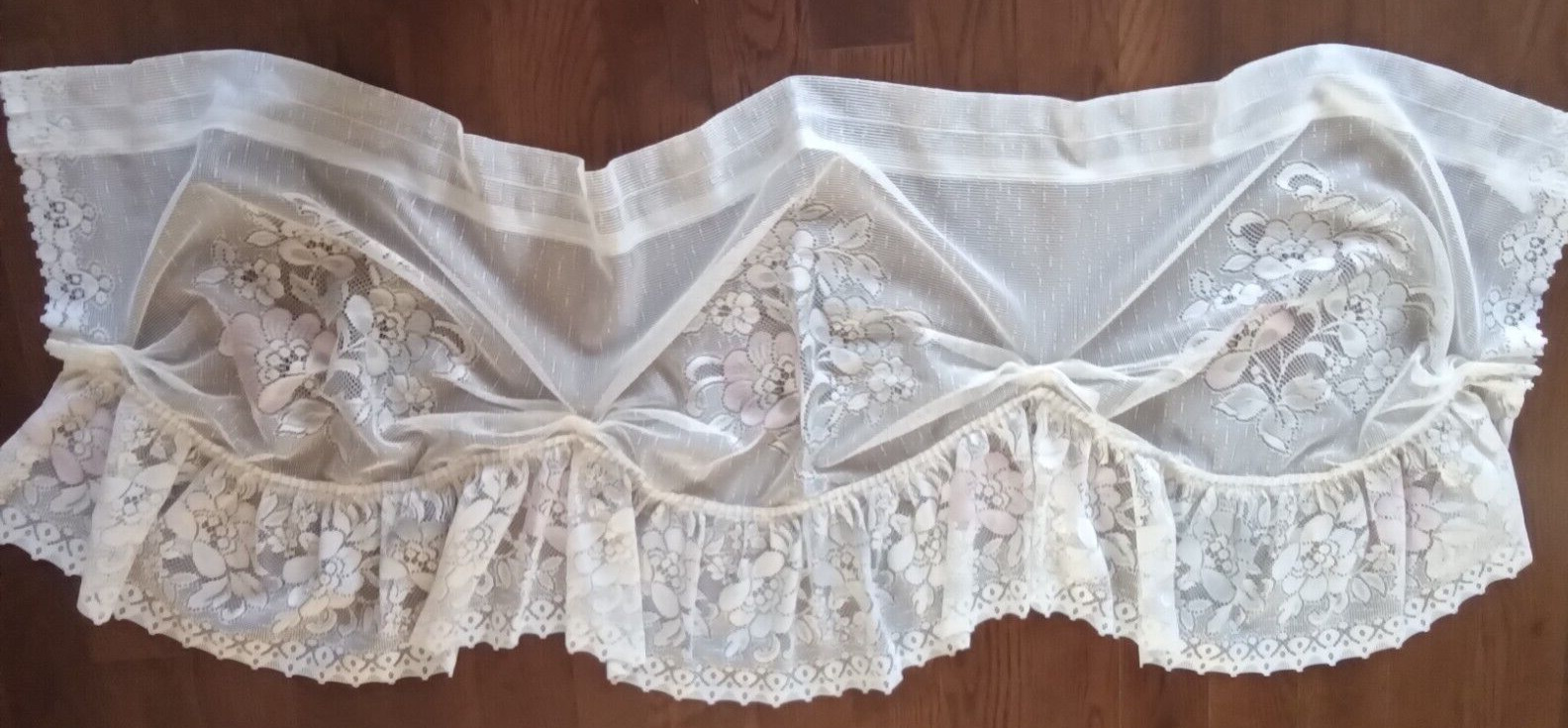 TWO (2) VINTAGE BEIGE NET LACE VANANCES WITH PALE PINK AND BLUE FLOWERS