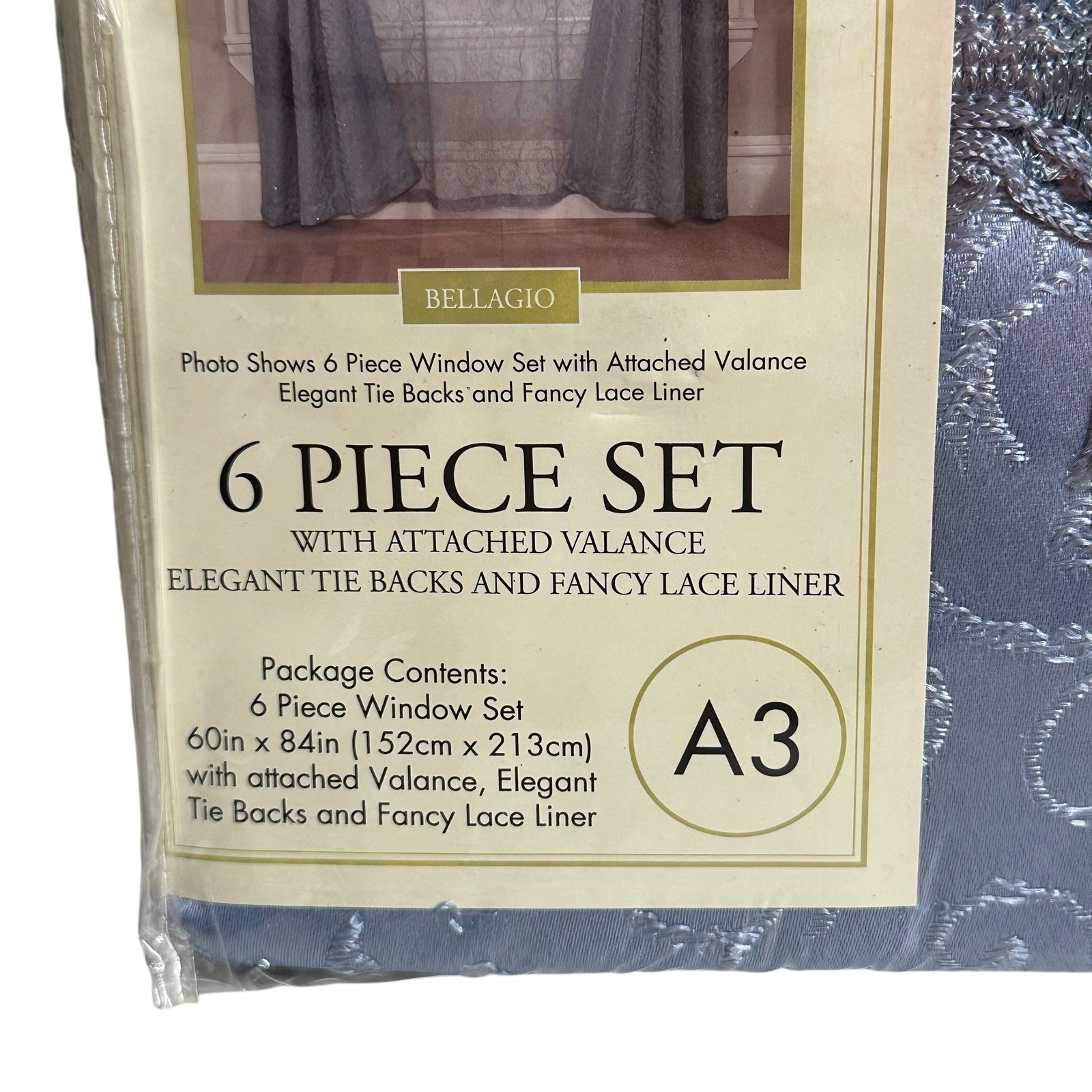 6 Piece Window Curtain Set BELLAGIO Blue Valance Tie Backs Lace Liner Elegant A3