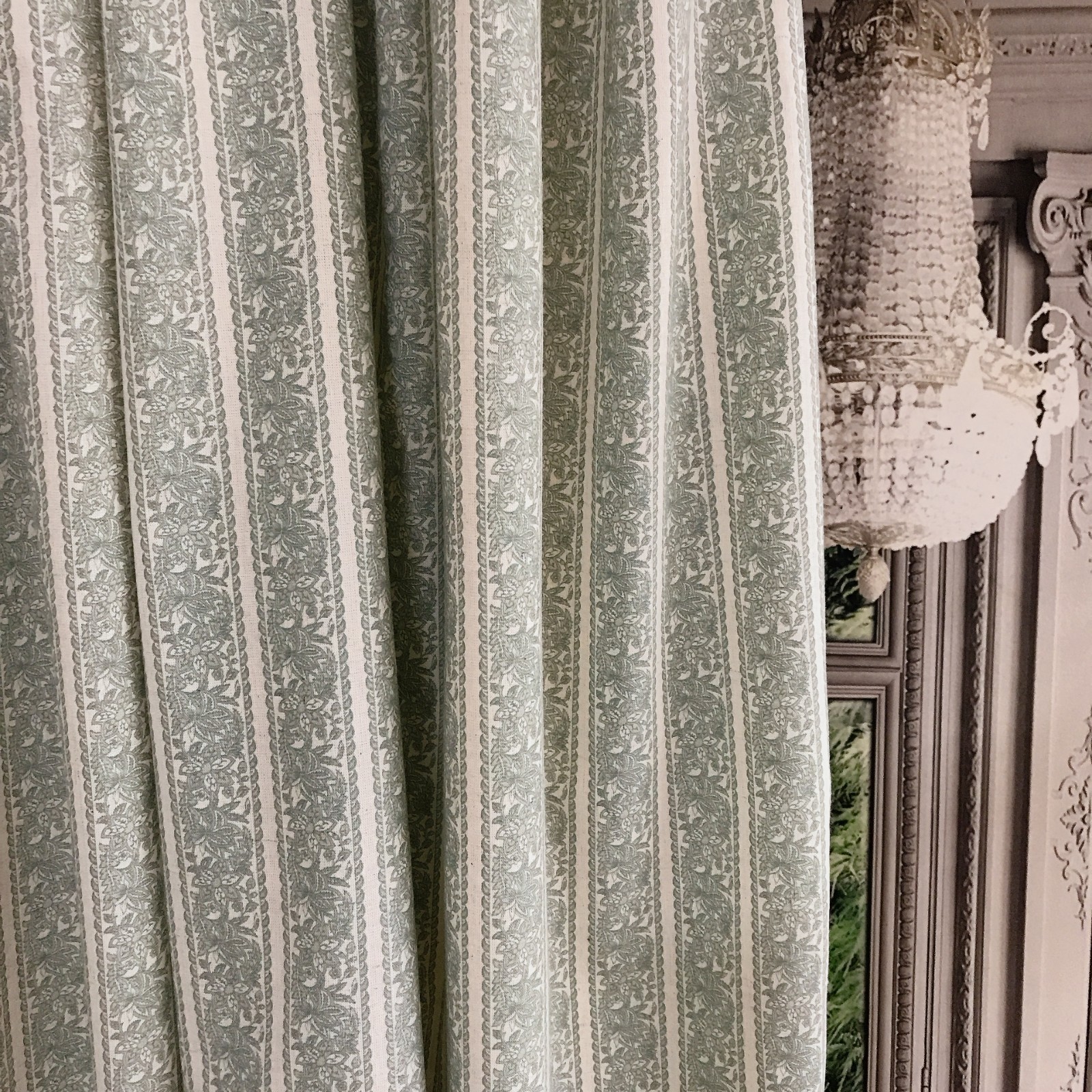Handcrafted Floral Curtains Linen Blend – Pale Teal Botanical – Custom Panels