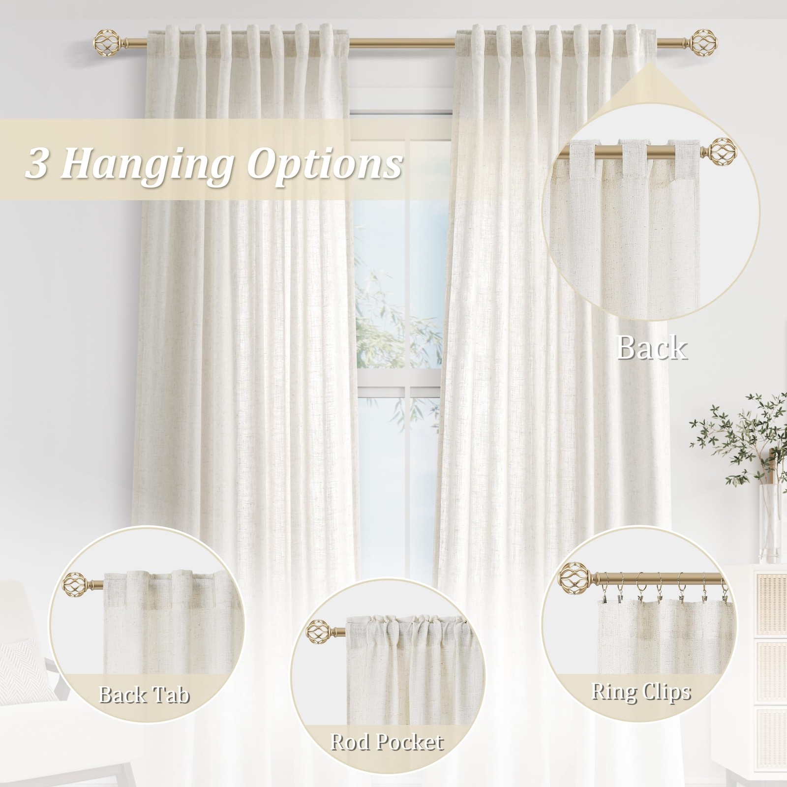 Guken Natural Cream Linen Curtains 84 inches 52″W x 84″L (Pack of 1),