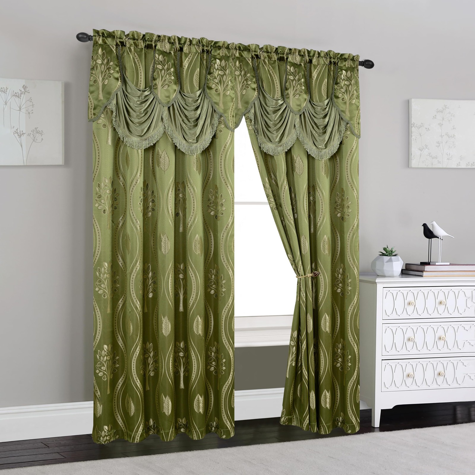 Aurora Jacquard Look Curtain Panel Set Attached Valance 54″ X 84 inch Set of 2