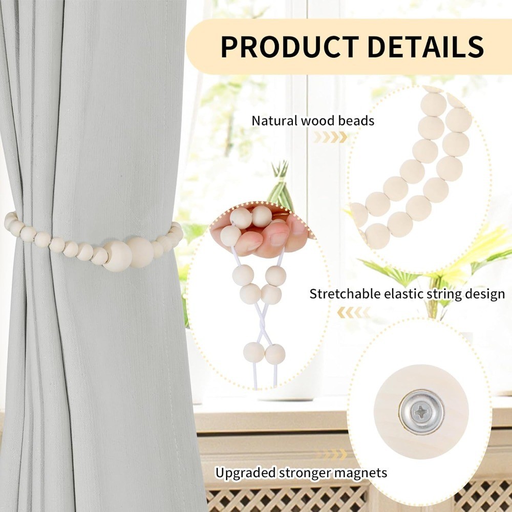 Magnetic Curtain Tiebacks, 2 Pack Curtain Holdbacks for Draperies, Wood Bead