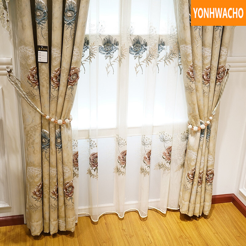 modern European embossed living room beige cloth curtain tulle valance B106