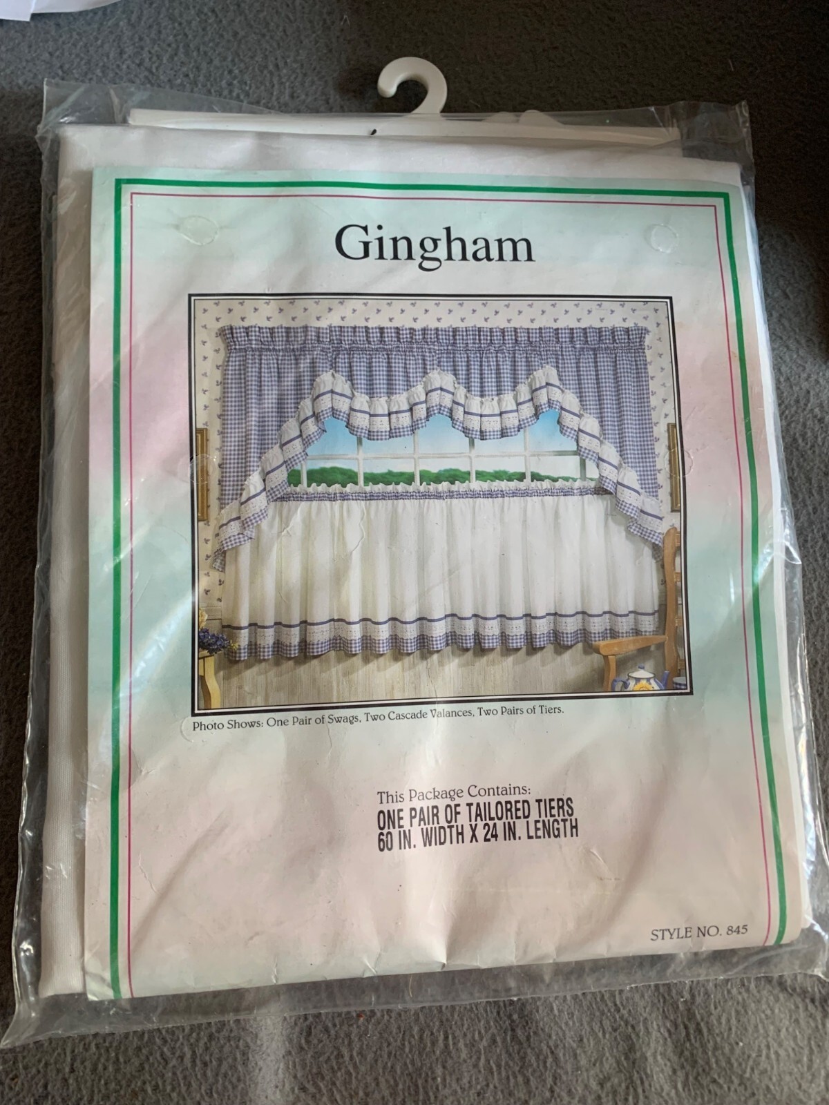Green Gingham Tailored Tiers Curtain Set 60″ w x 24″ L New