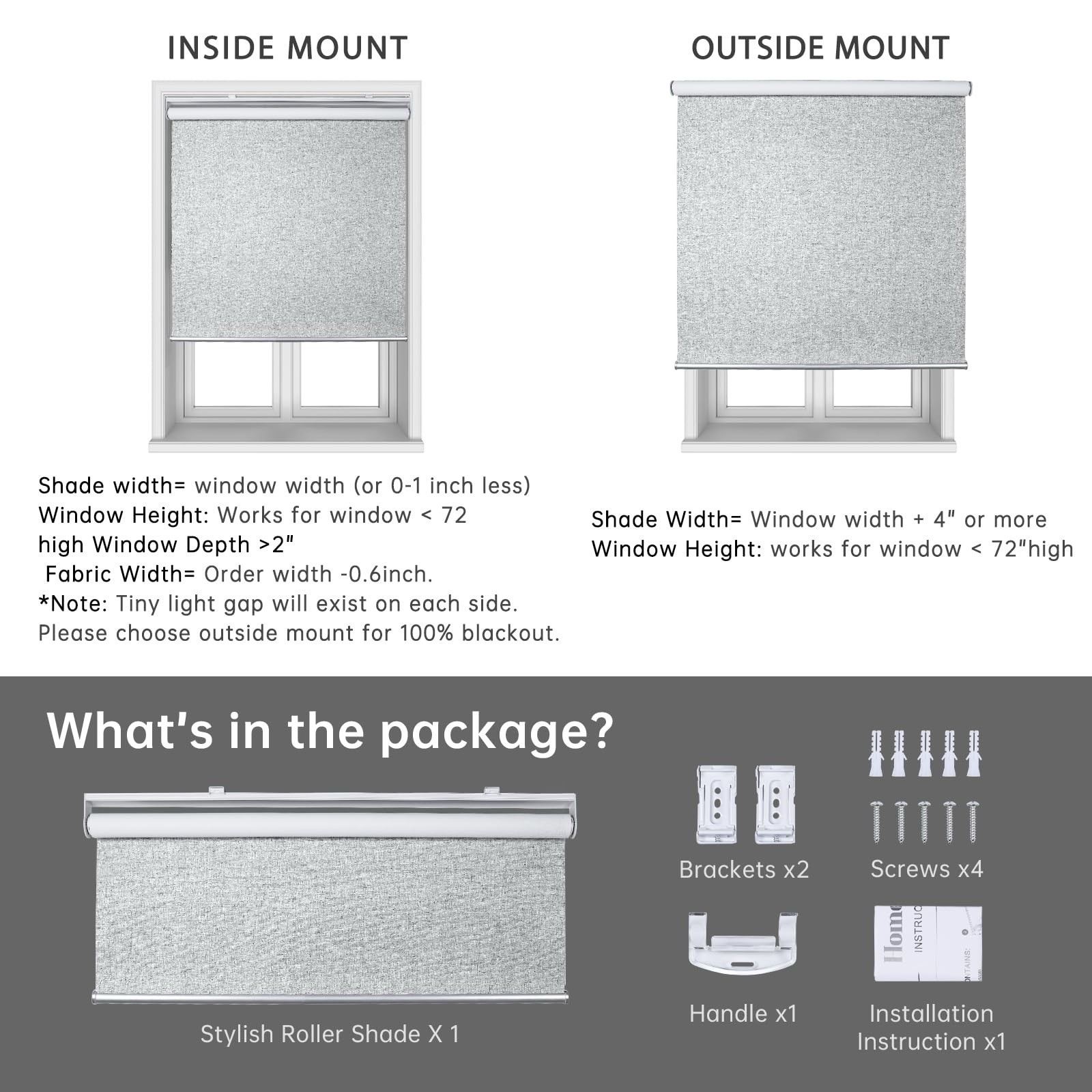 Homebox Cordless Blackout Roller Shades for Windows, (41″ W x 72″ H, Grey)