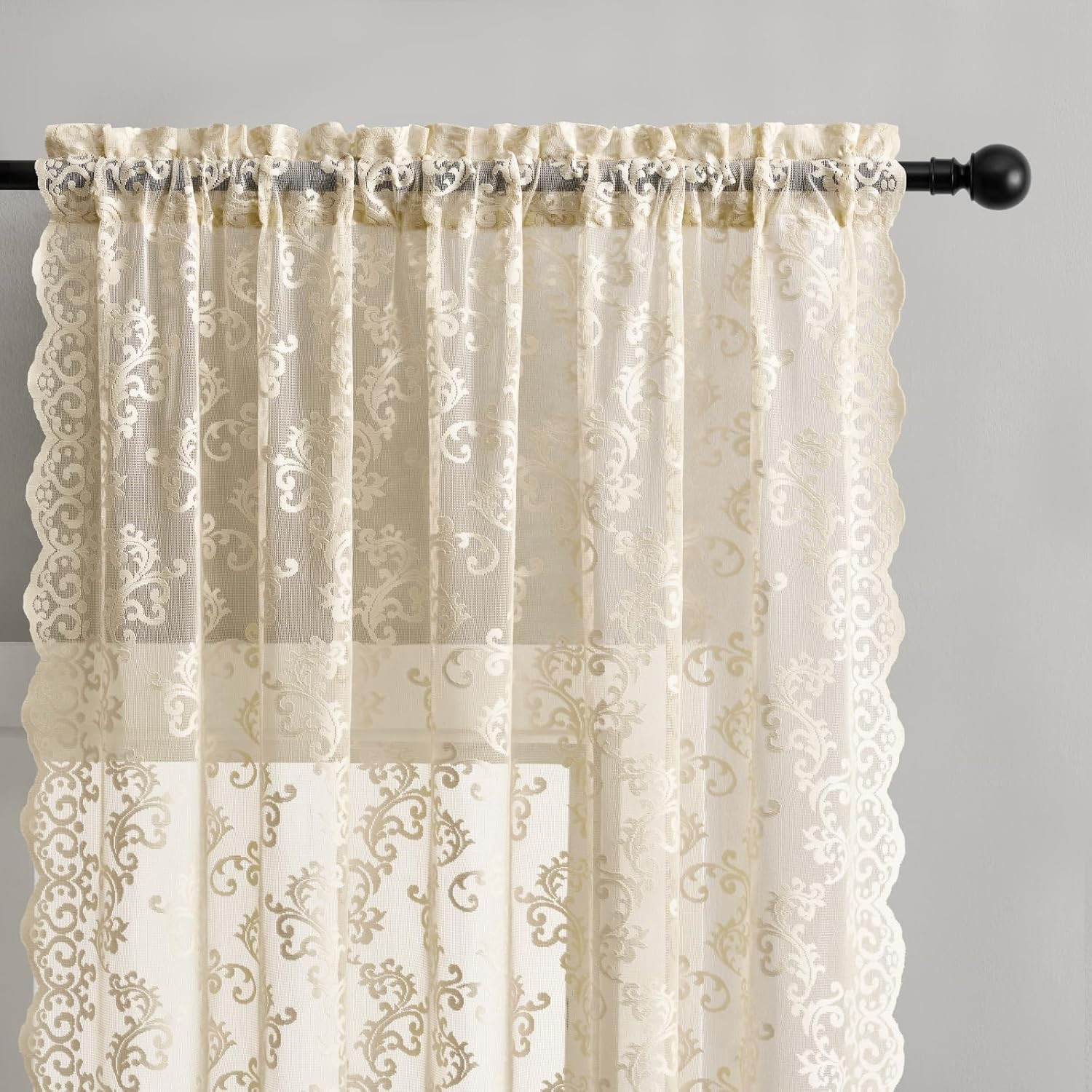 Beige Lace Curtains – 63 Inch Length, 2 Panels Set – Victorian Floral Sheer Curt