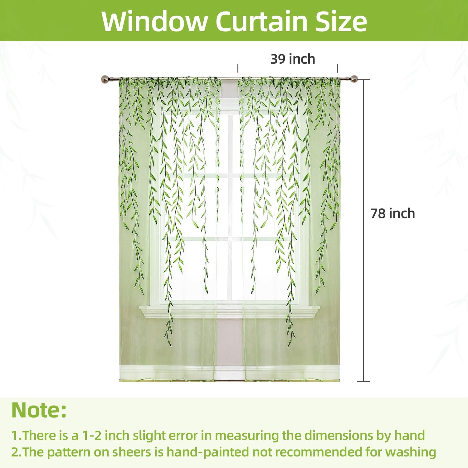 BROSHAN Green Leaf Pattern Sheer Voile Window Curtains for Kids Bedroom Living R