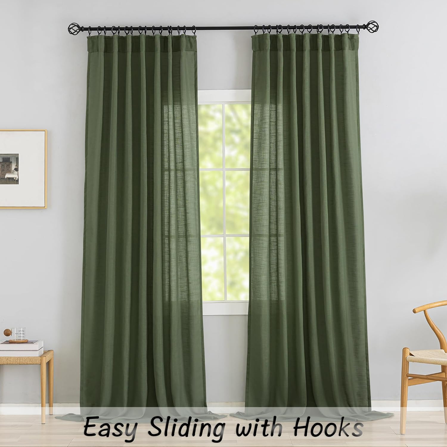 Extra Long Olive Linen Curtains 120″ Semi-Privacy Light Filtering 2 Panels