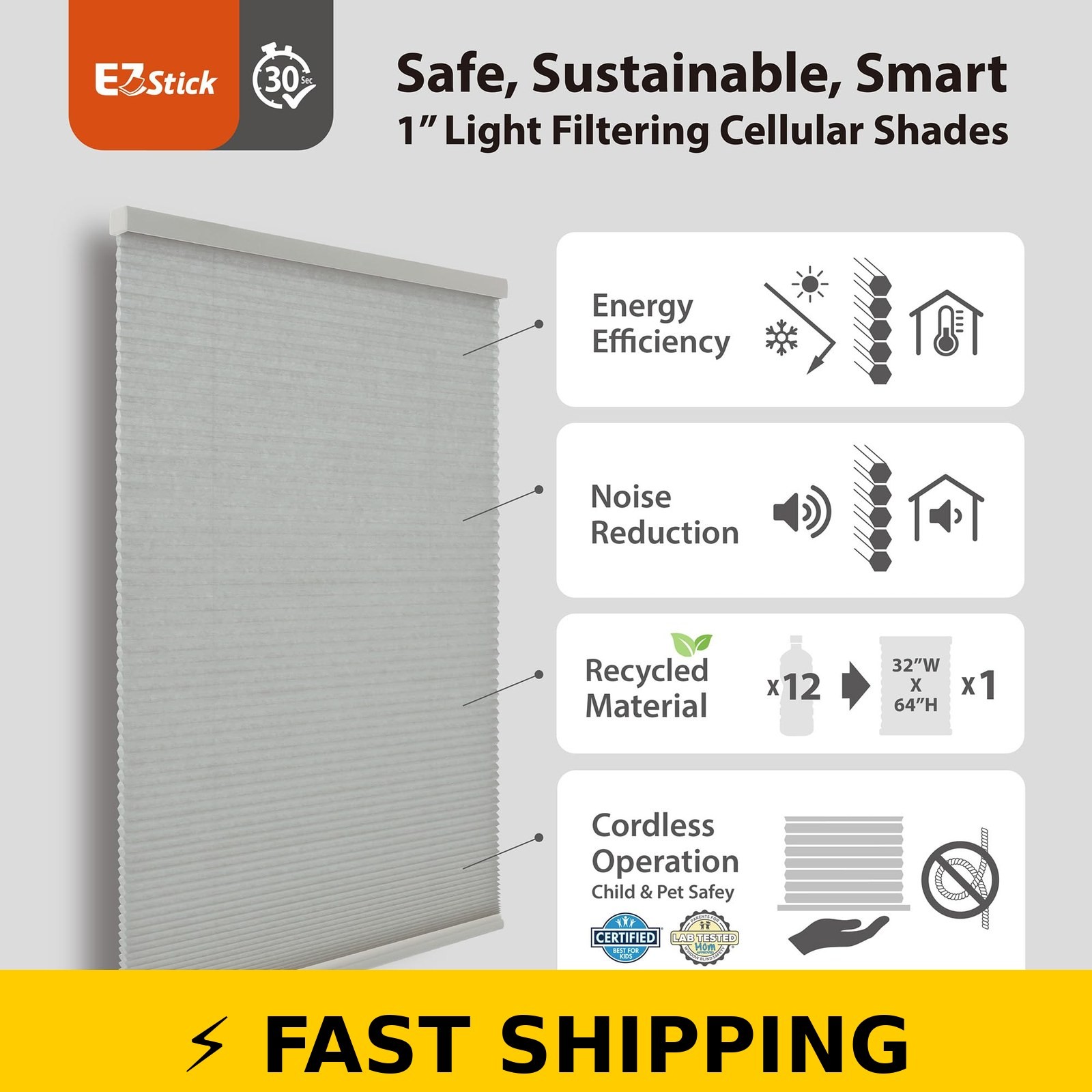 DEZ FURNISHINGS EZ Stick No Drill Cordless Cellular Shade 36.5″ x 48″ Gray