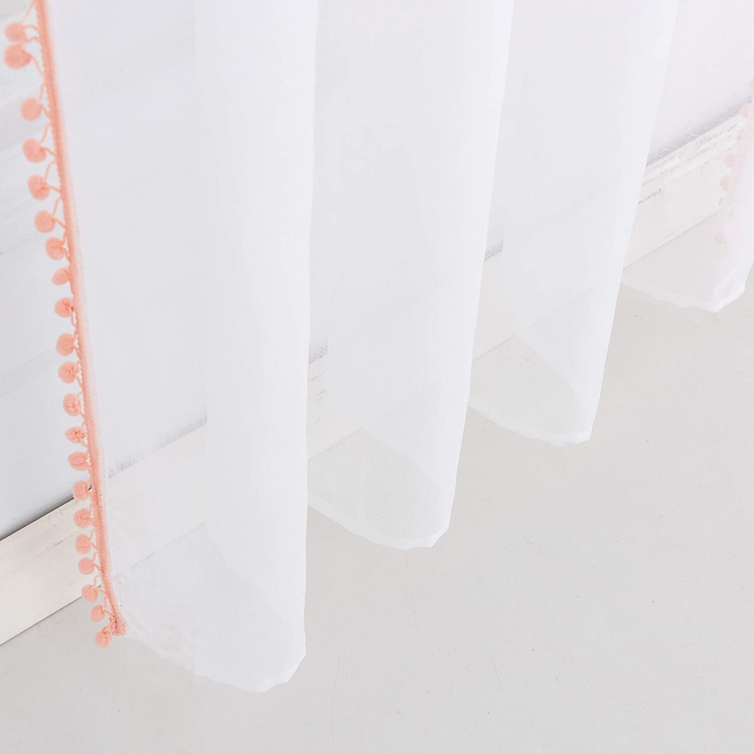 Set 2 Sheer White Pink Pom Pom Trim Curtains Panels Drapes 63 72 84 95 108 in L