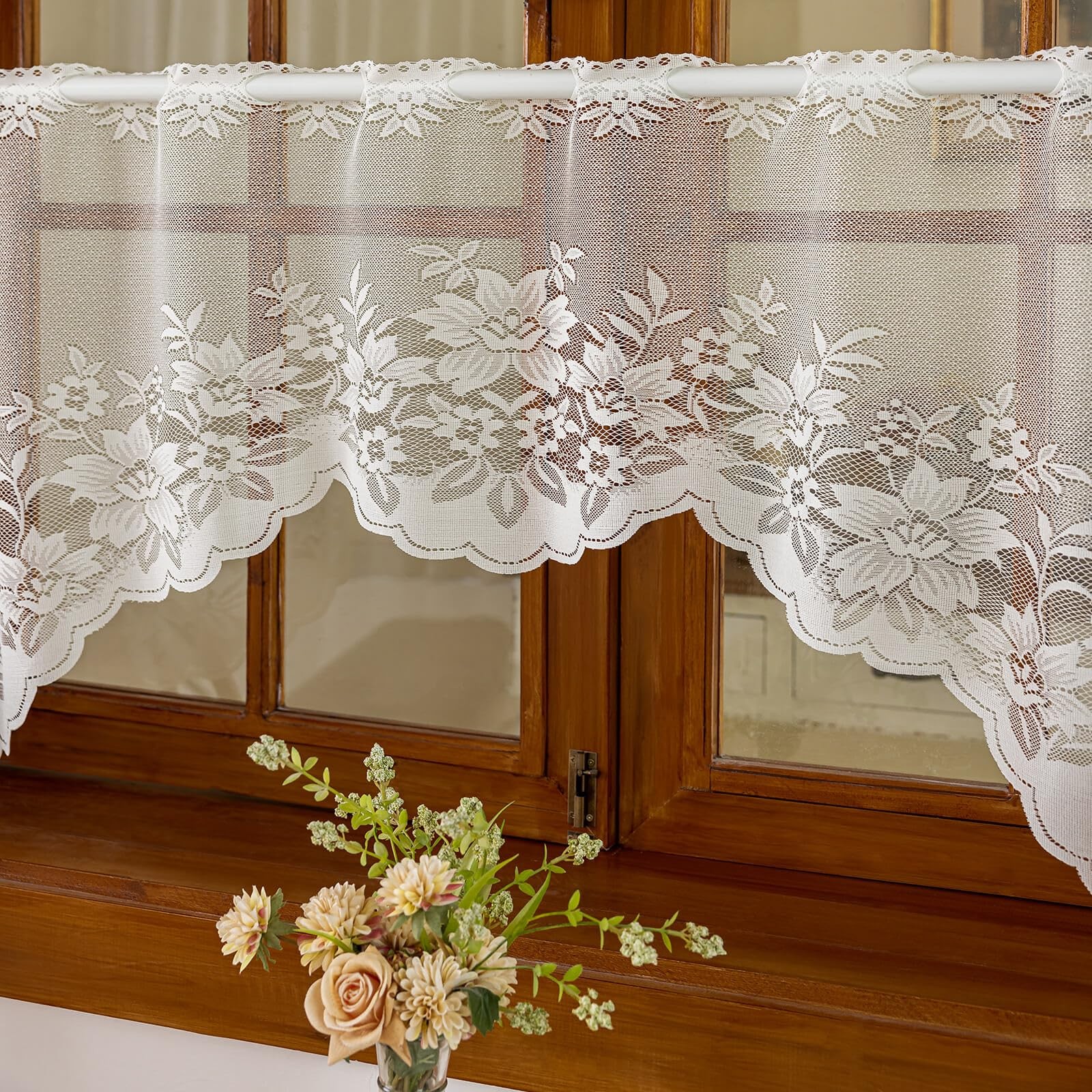 Vintage Sheer Voile Valance Curtains Floral Embroidery Lace Kitchen Swag Wind…