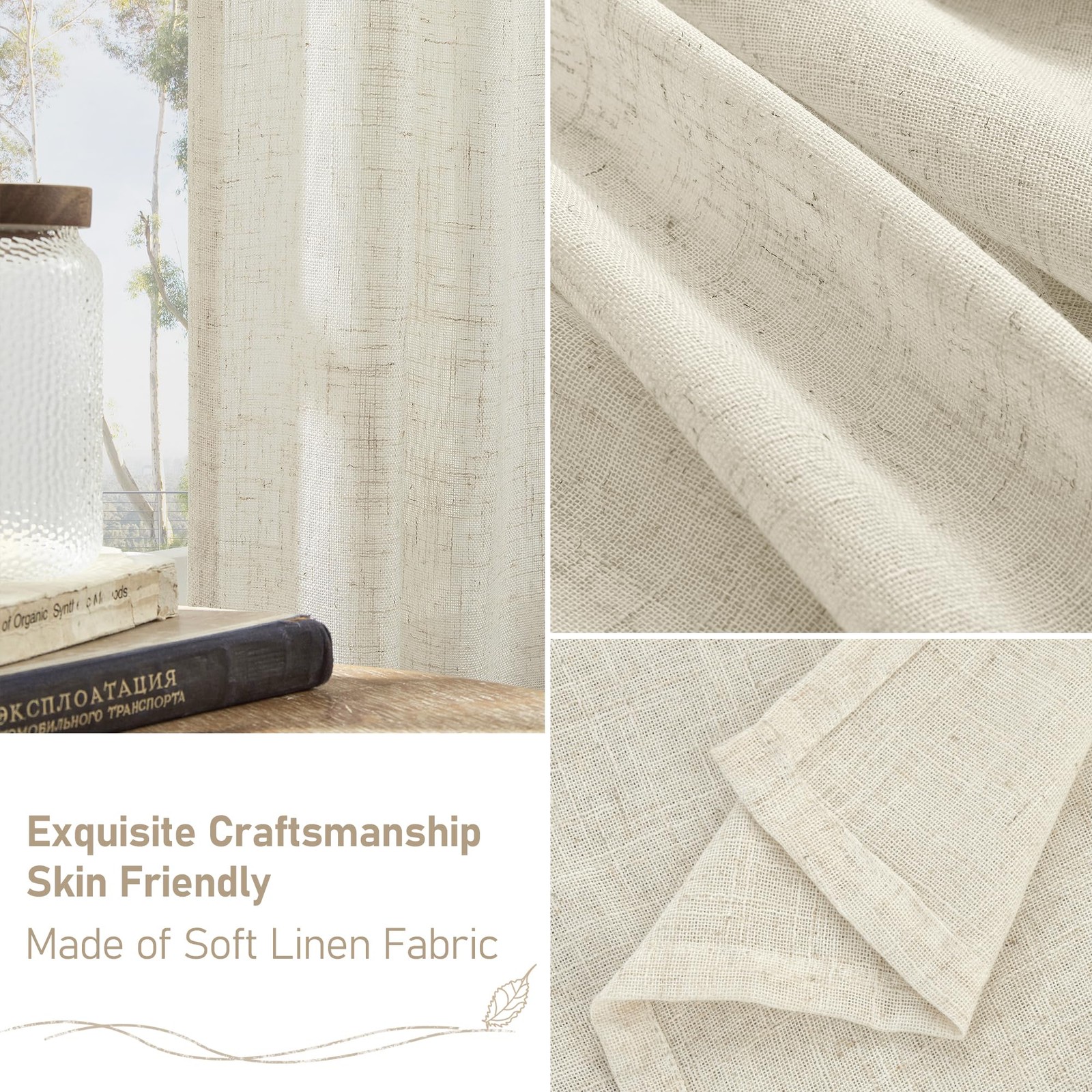 Semi-Sheer Linen Curtains, Light Filtering, Tab Back & Rod Pocket, Neutral
