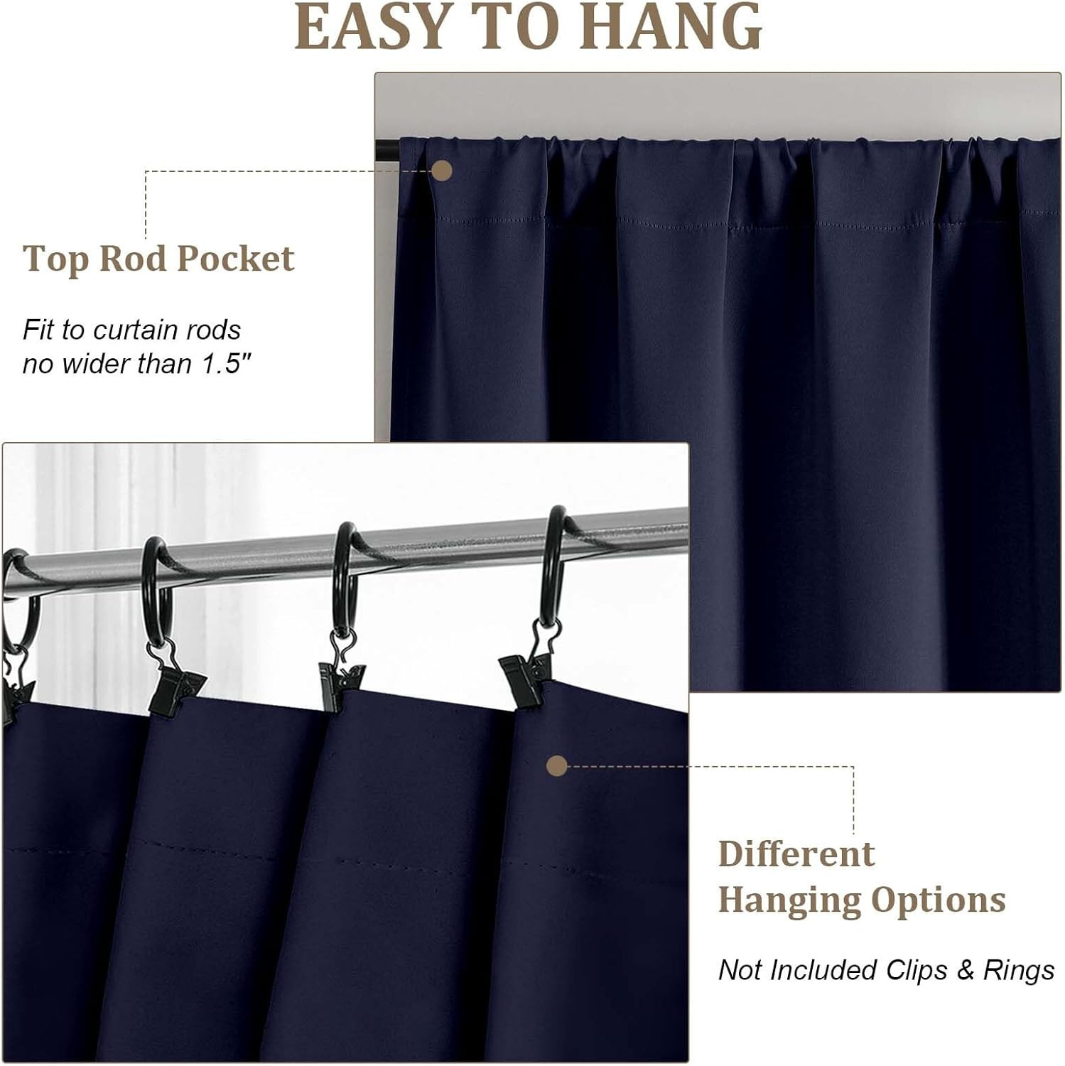 Kitchen Curtains 36″ Long for SMALL Window Short Drapes Navy BLUE 40 X 36 In